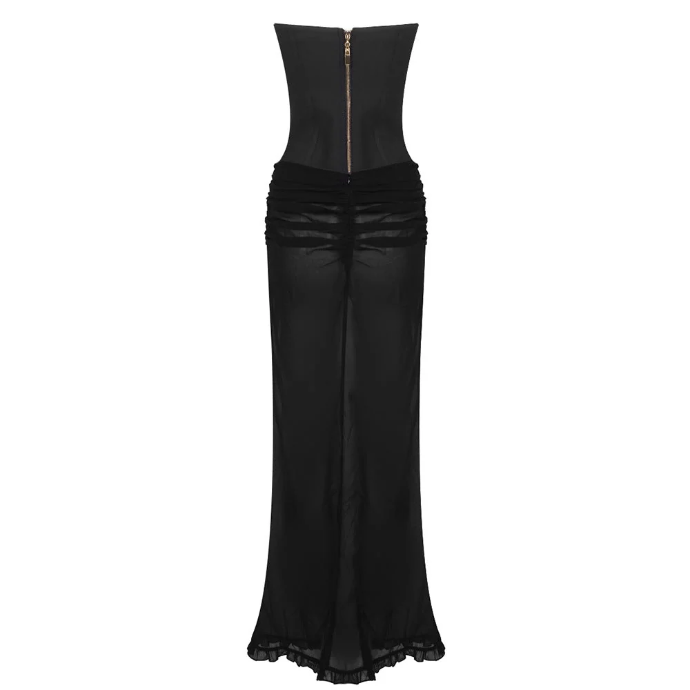 Black Nude Strapless Corset Maxi Dress - Elegant Draped Detail
