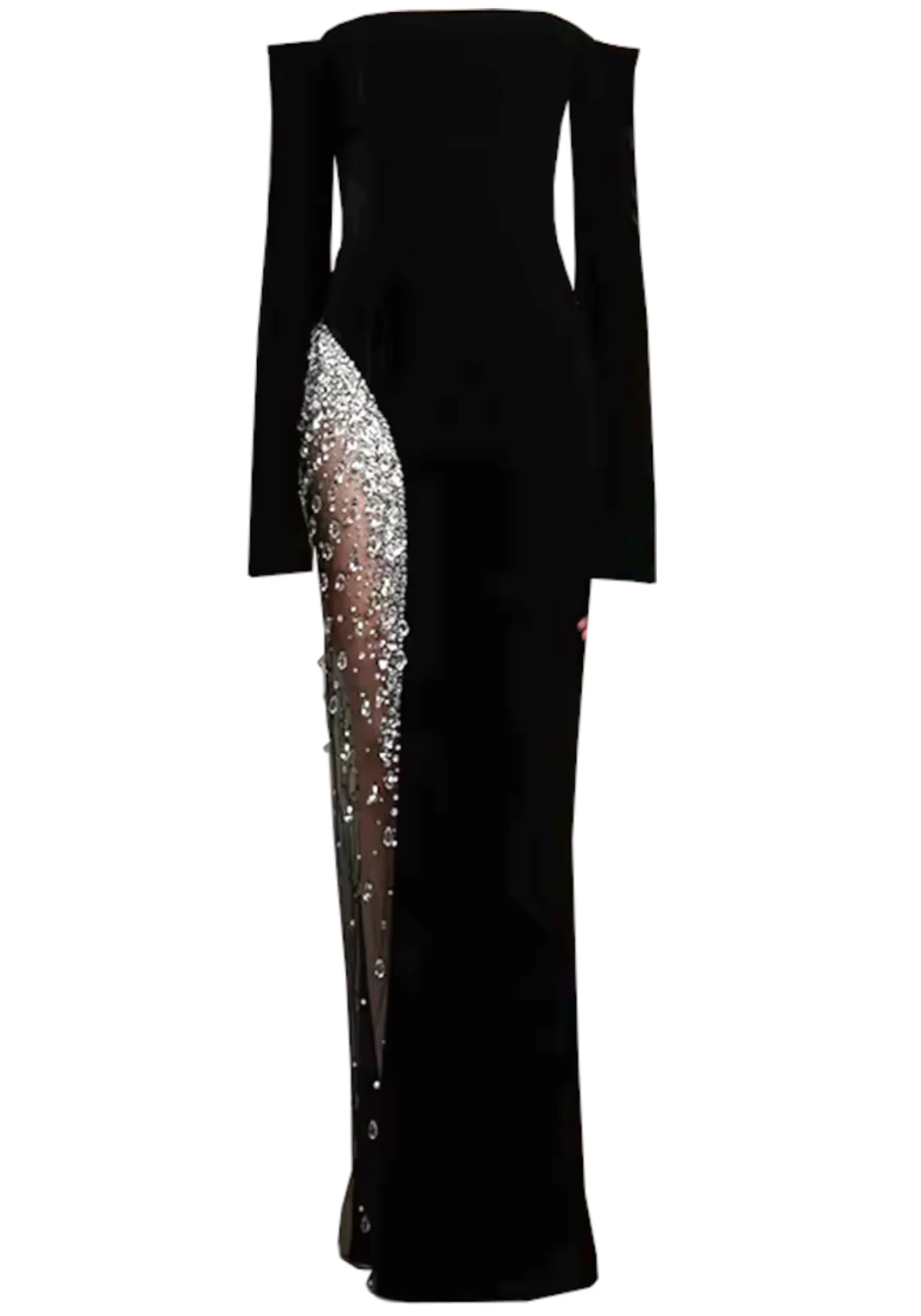 Saelith Long Sleeve Bardot Crystal Mesh Maxi Dress In Black