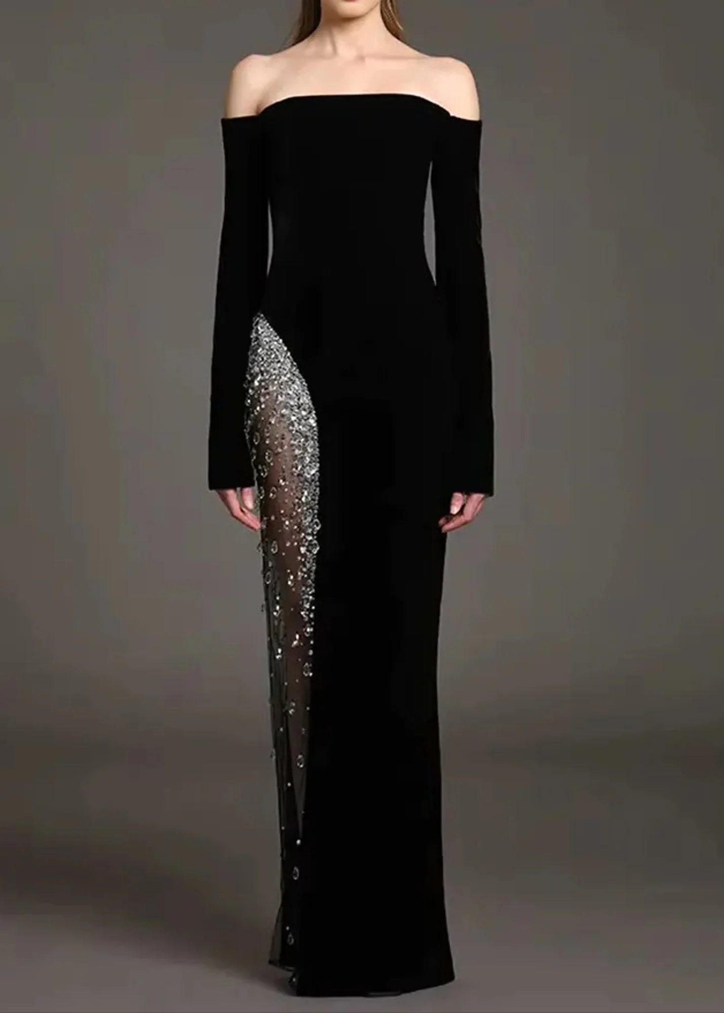 Saelith Long Sleeve Bardot Crystal Mesh Maxi Dress In Black