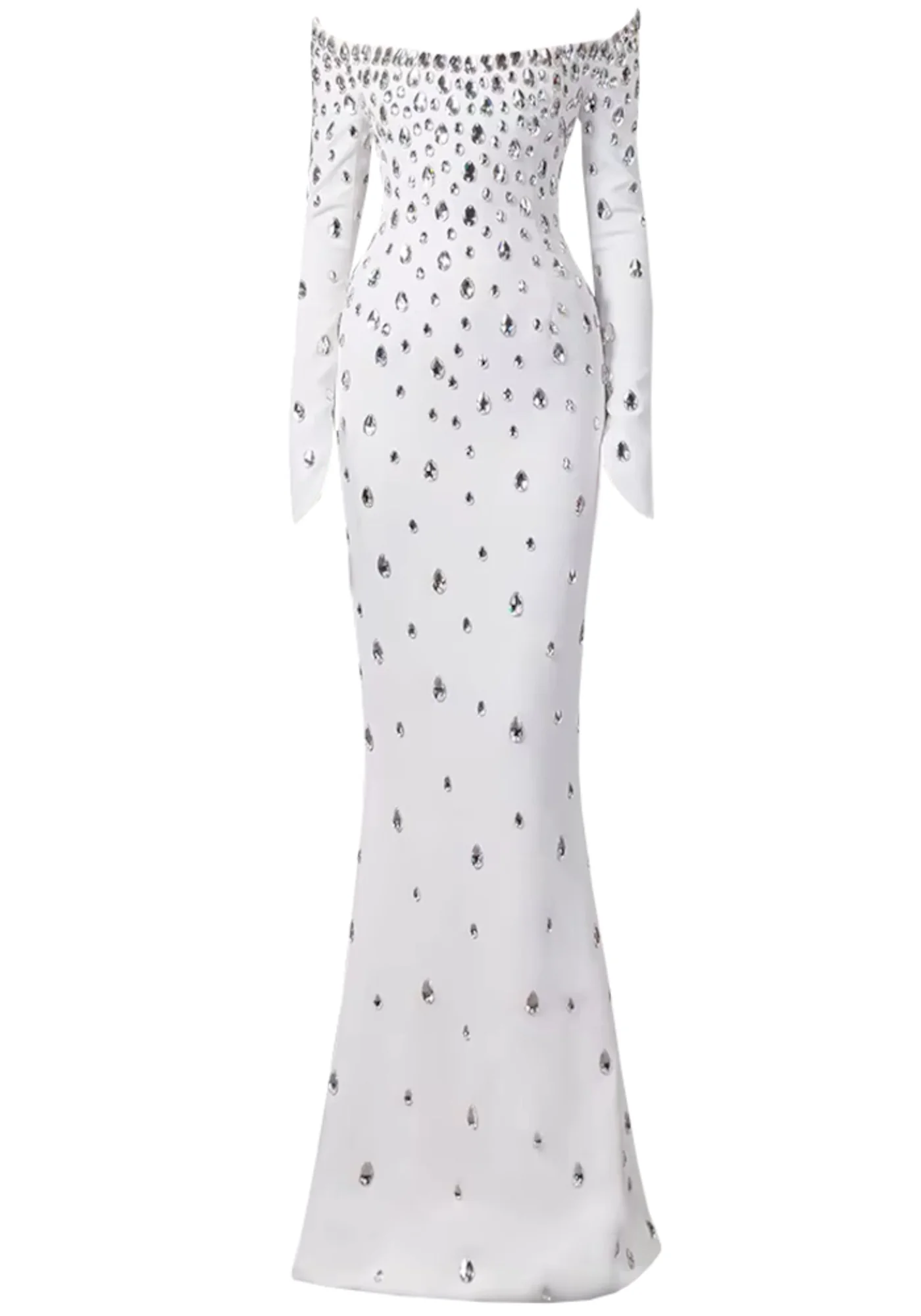 White Elegant Crystal Embellished Maxi Dress