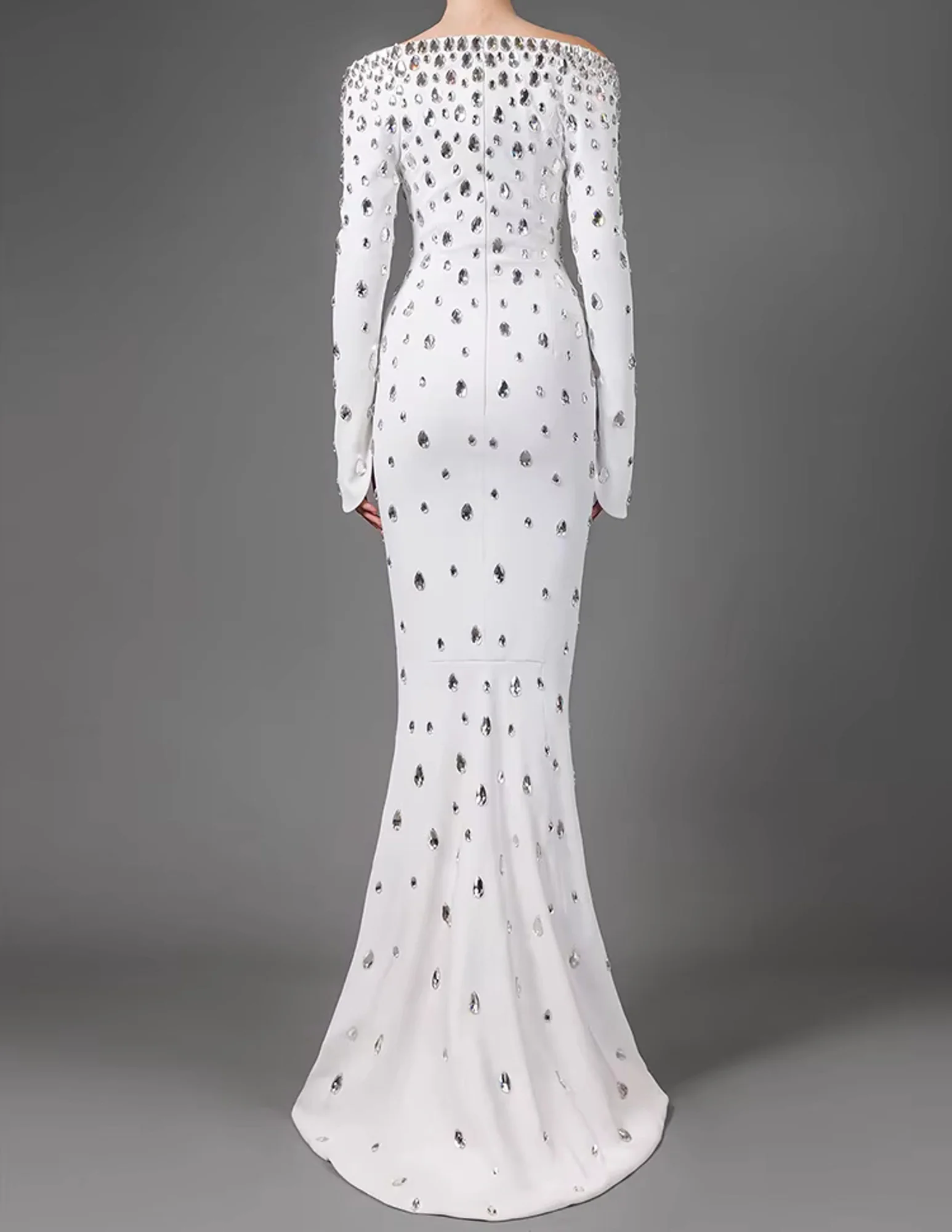 White Elegant Crystal Embellished Maxi Dress