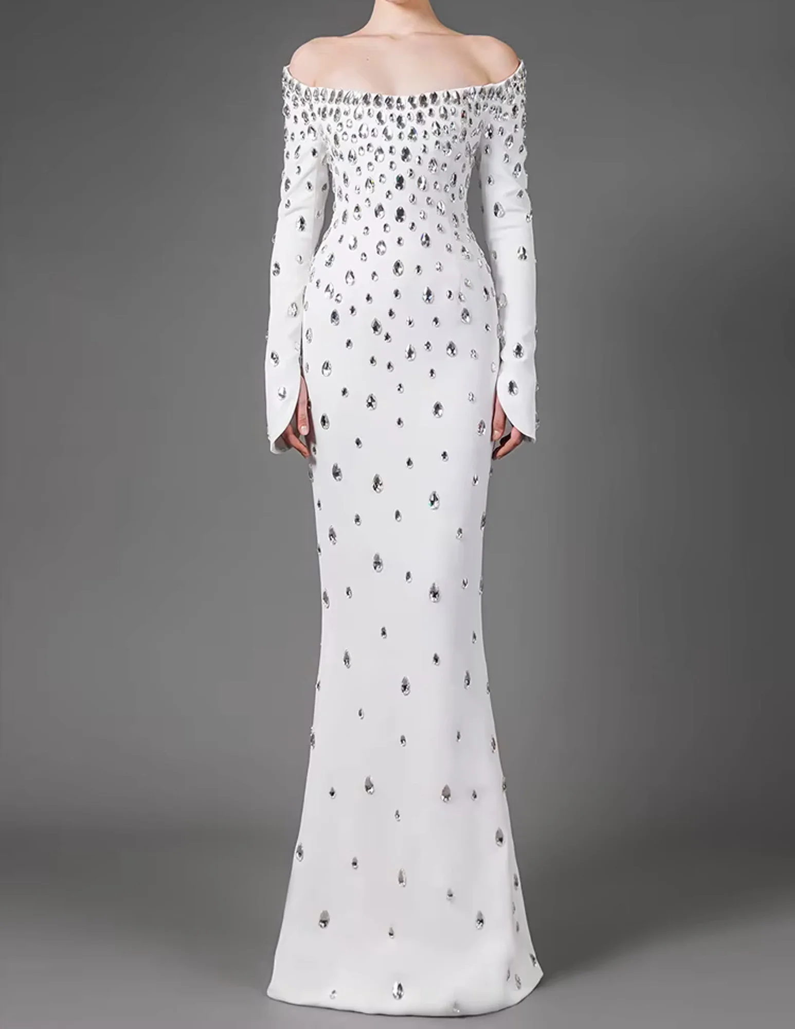 White Elegant Crystal Embellished Maxi Dress