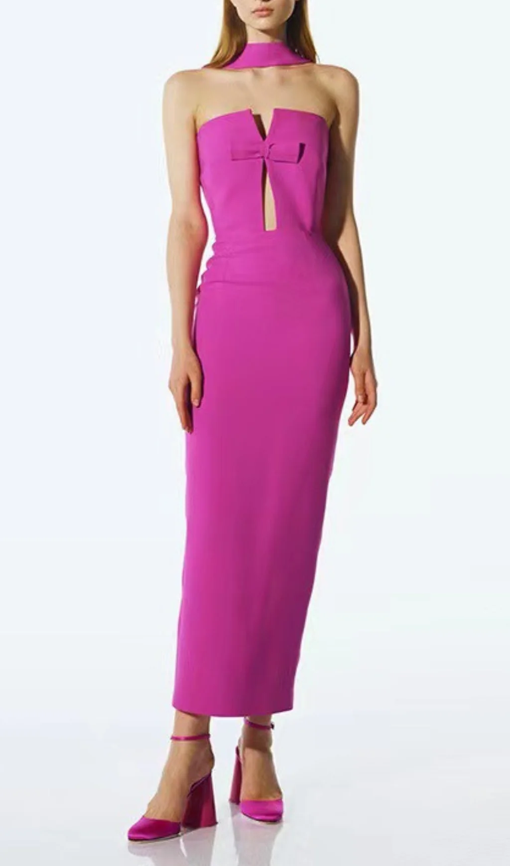 Pink Strapless Cutout Maxi Bandage Dress - Sparkling Halter Neckline