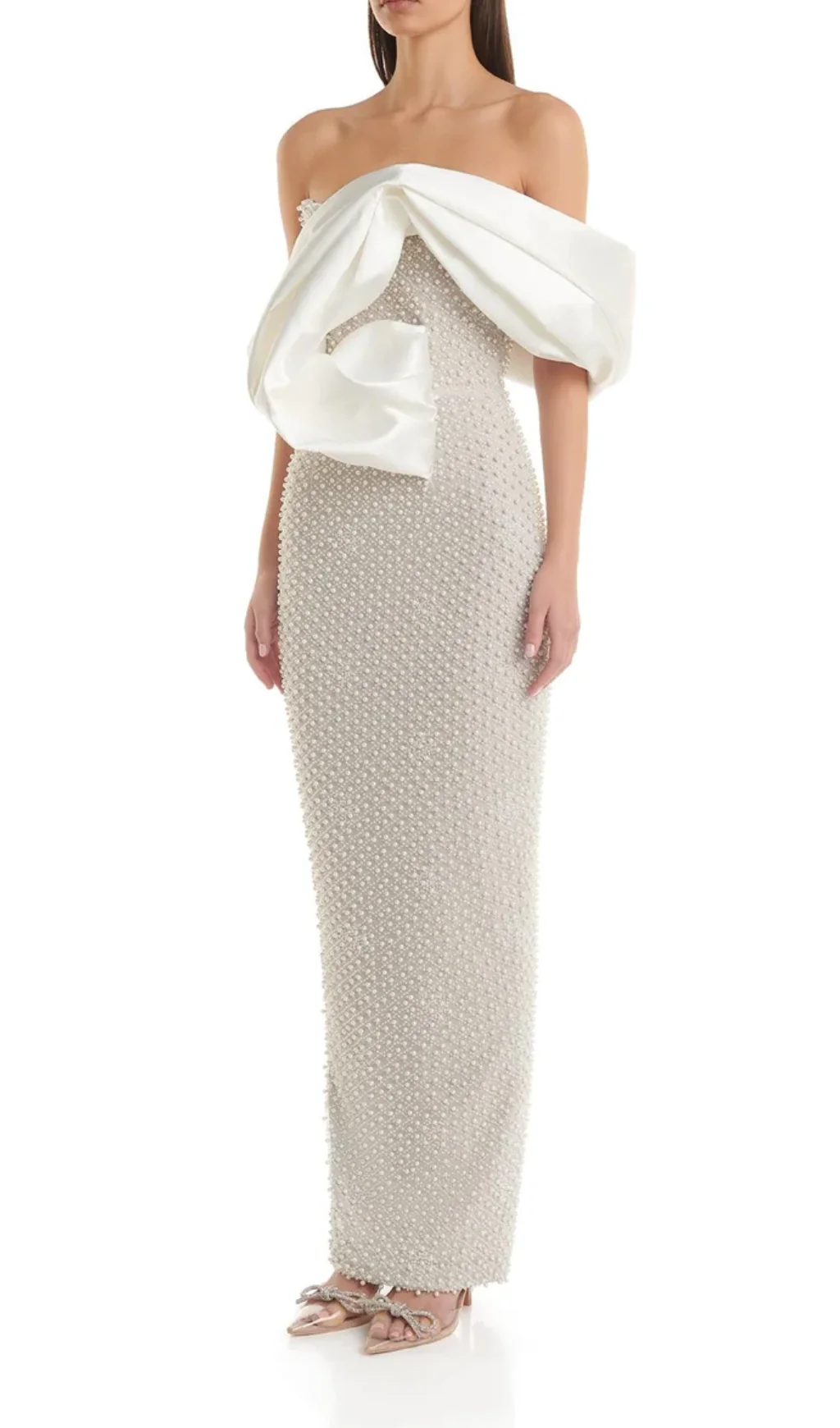 Off-Shoulder Midi Dress with Pearl Embellishments