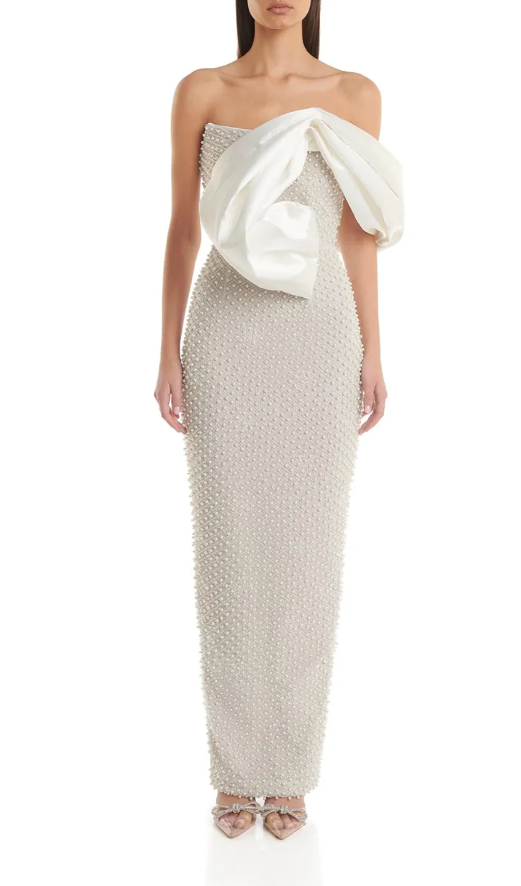 Off-Shoulder Midi Dress with Pearl Embellishments