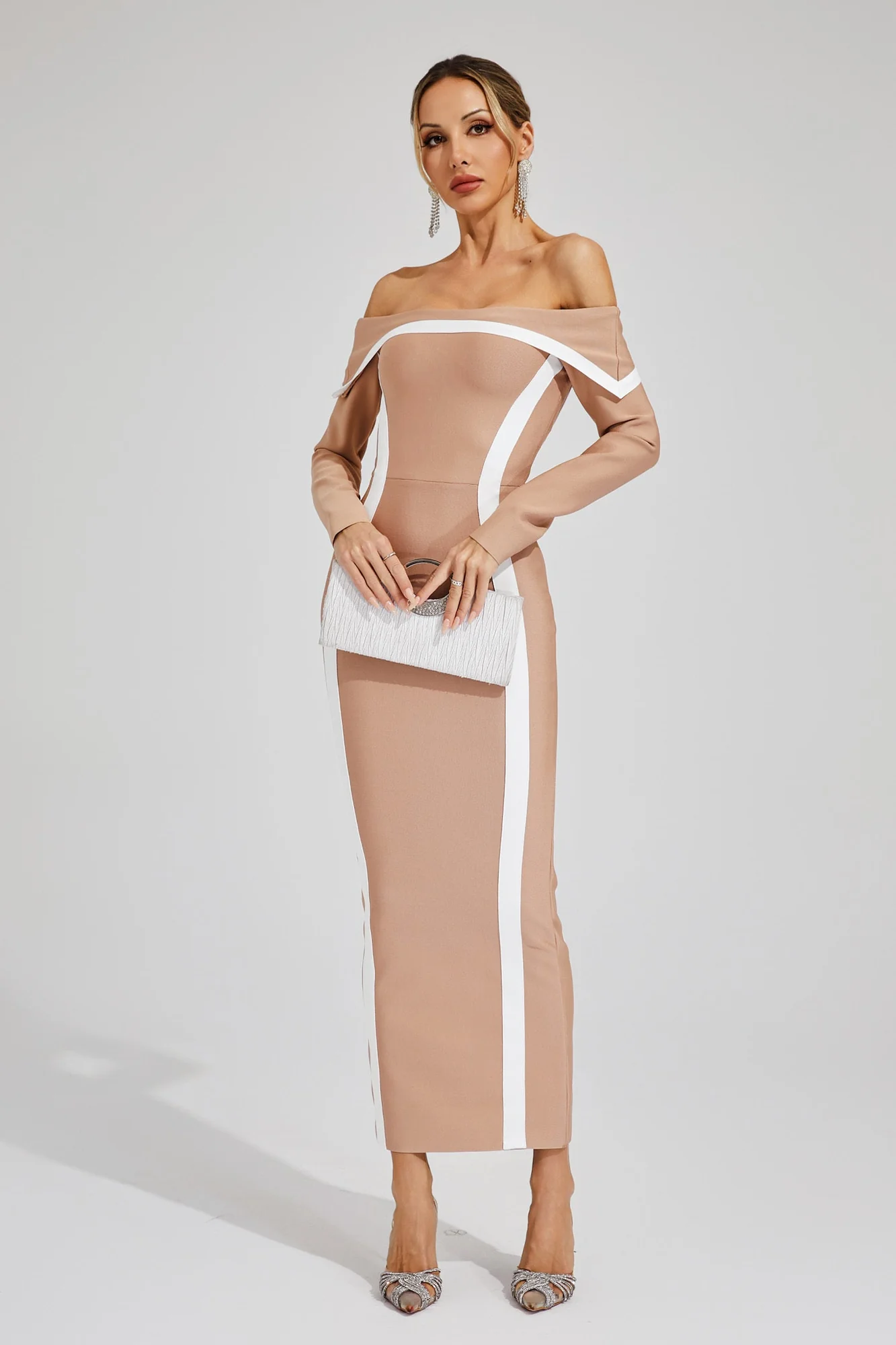 Apricot Off-Shoulder Bandage Maxi Dress - Elegant & Sensual