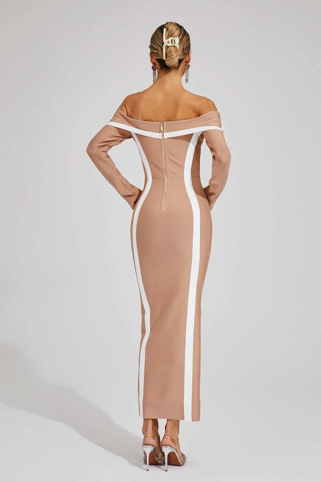 Apricot Off-Shoulder Bandage Maxi Dress - Elegant & Sensual