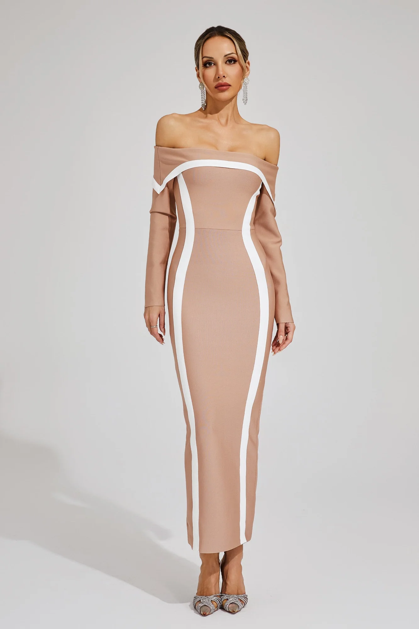 Apricot Off-Shoulder Bandage Maxi Dress - Elegant & Sensual