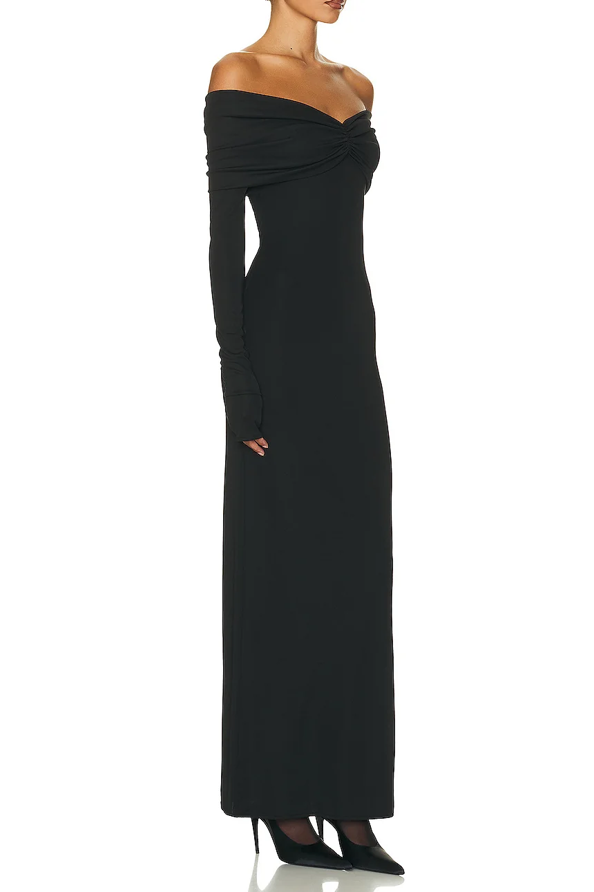 Black Off-The-Shoulder Smocked Maxi Dress