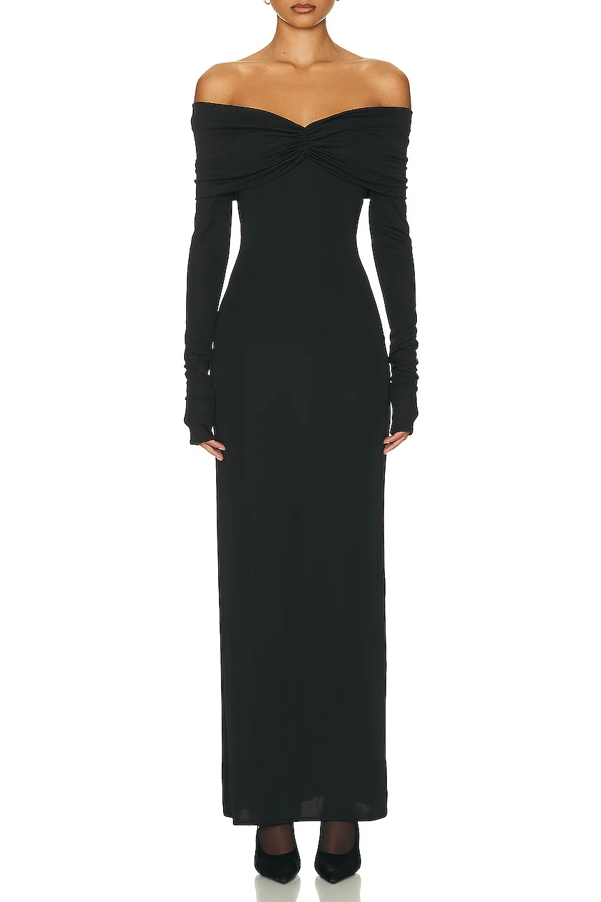 Black Off-The-Shoulder Smocked Maxi Dress