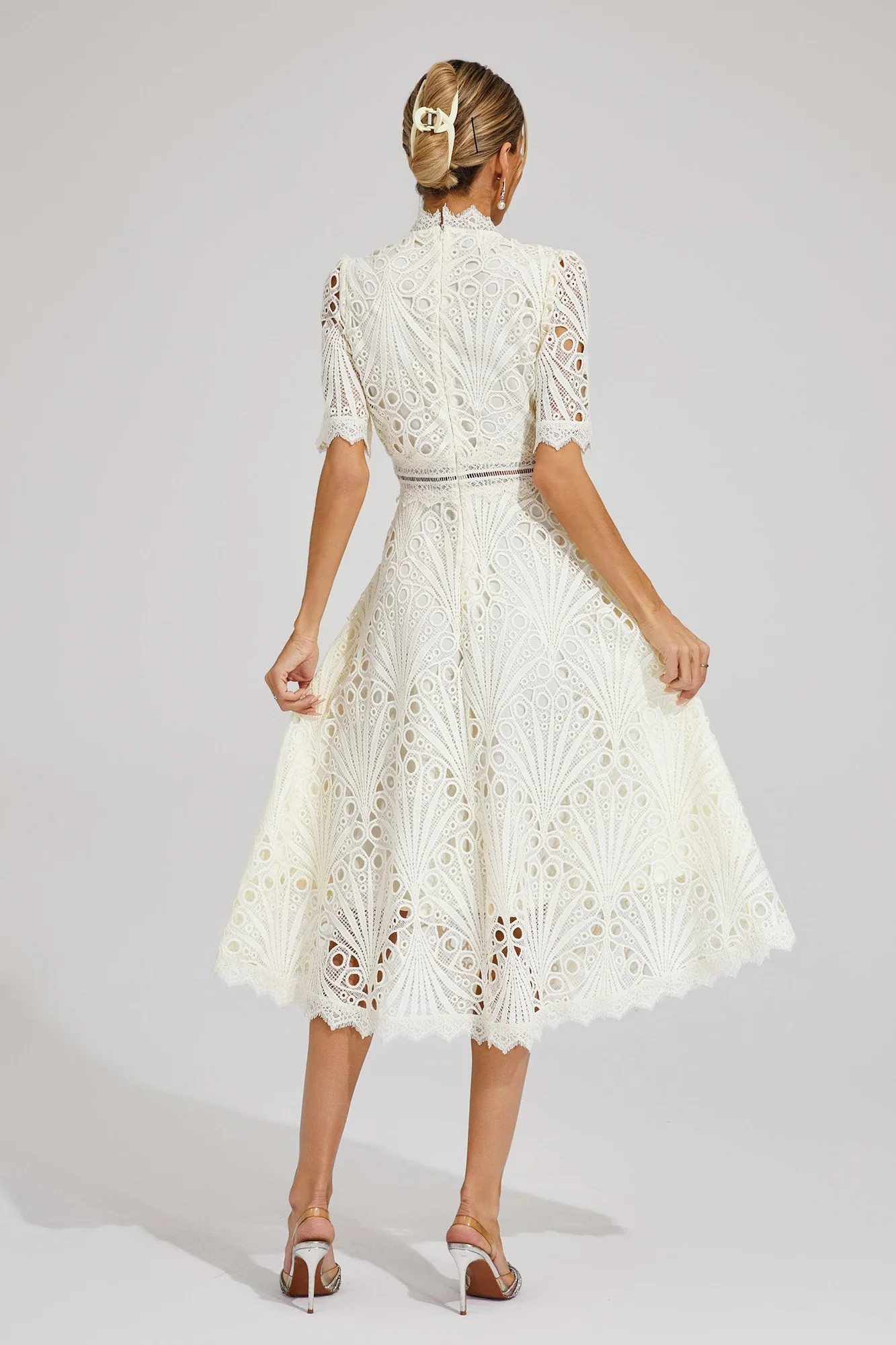 White Lace Cutout Midi Dress - Elegant French-Inspired Look