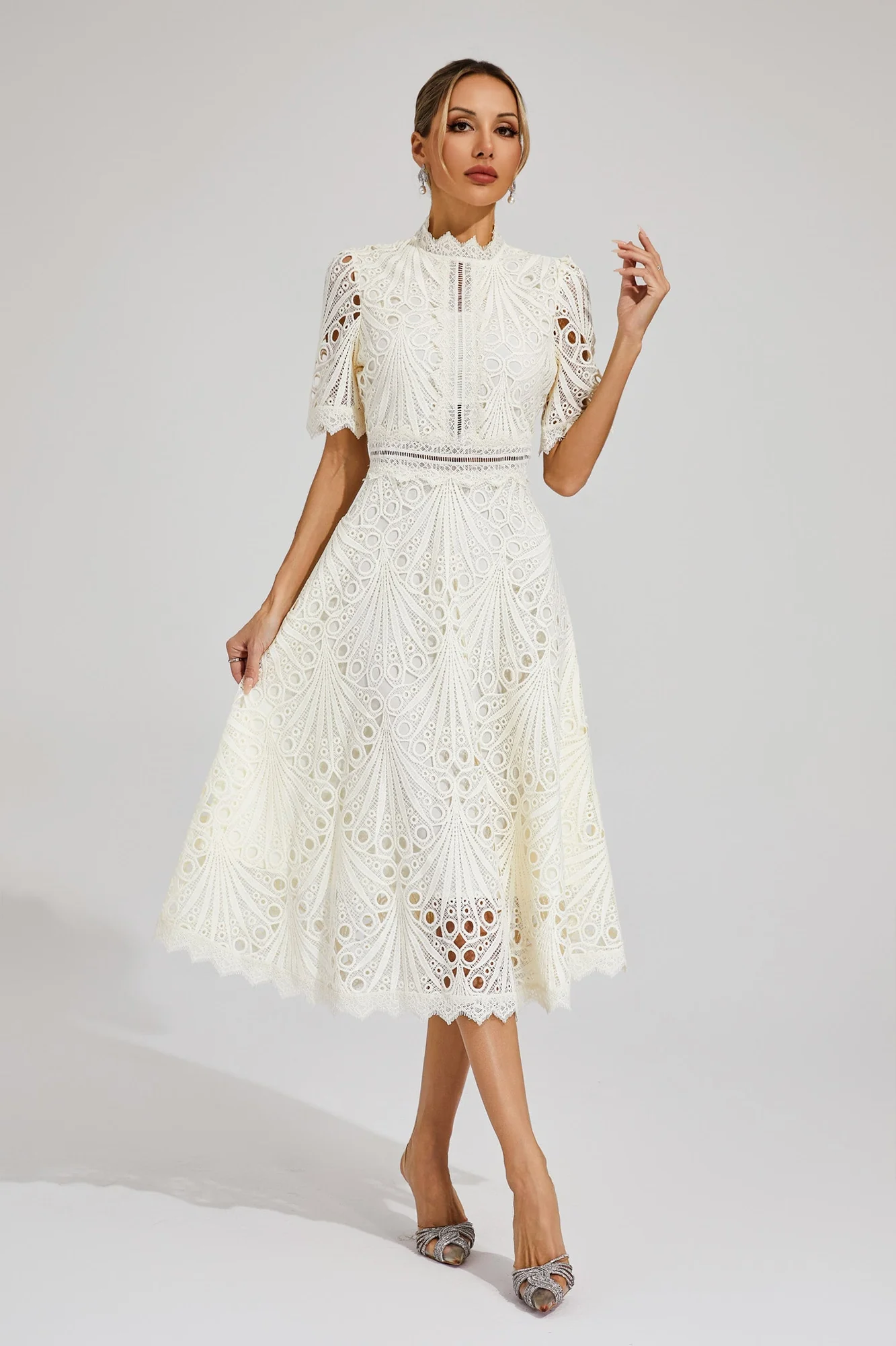 White Lace Cutout Midi Dress - Elegant French-Inspired Look