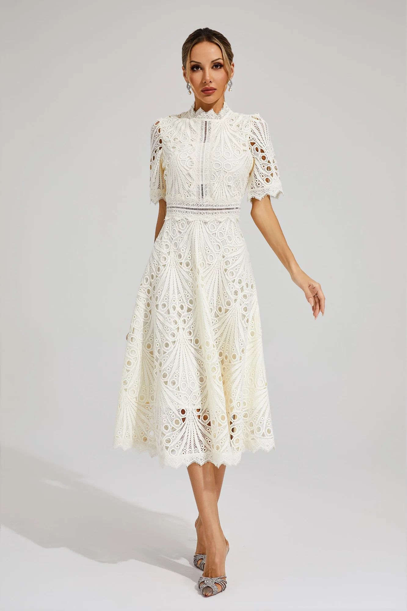 White Lace Cutout Midi Dress - Elegant French-Inspired Look