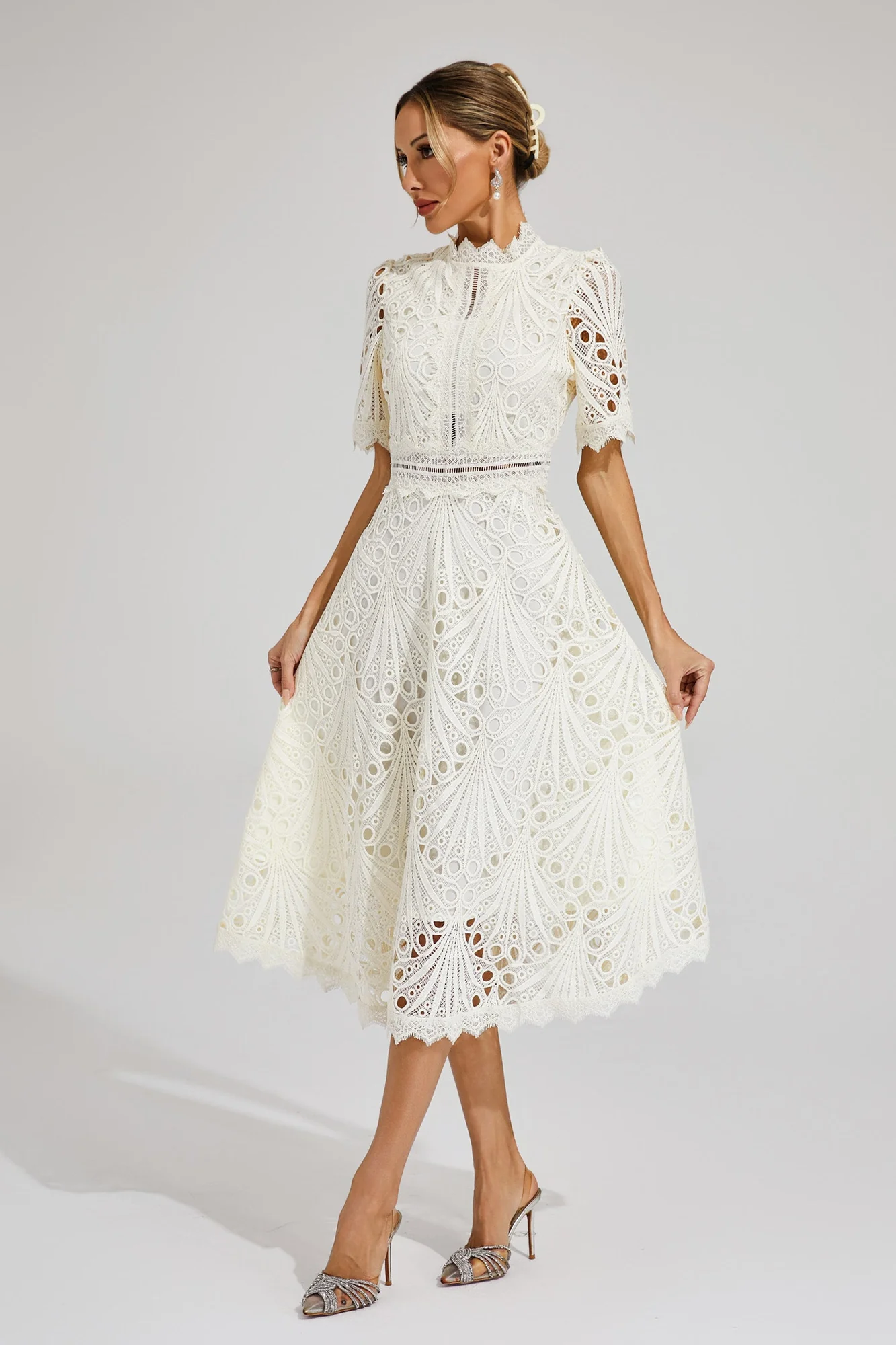 White Lace Cutout Midi Dress - Elegant French-Inspired Look