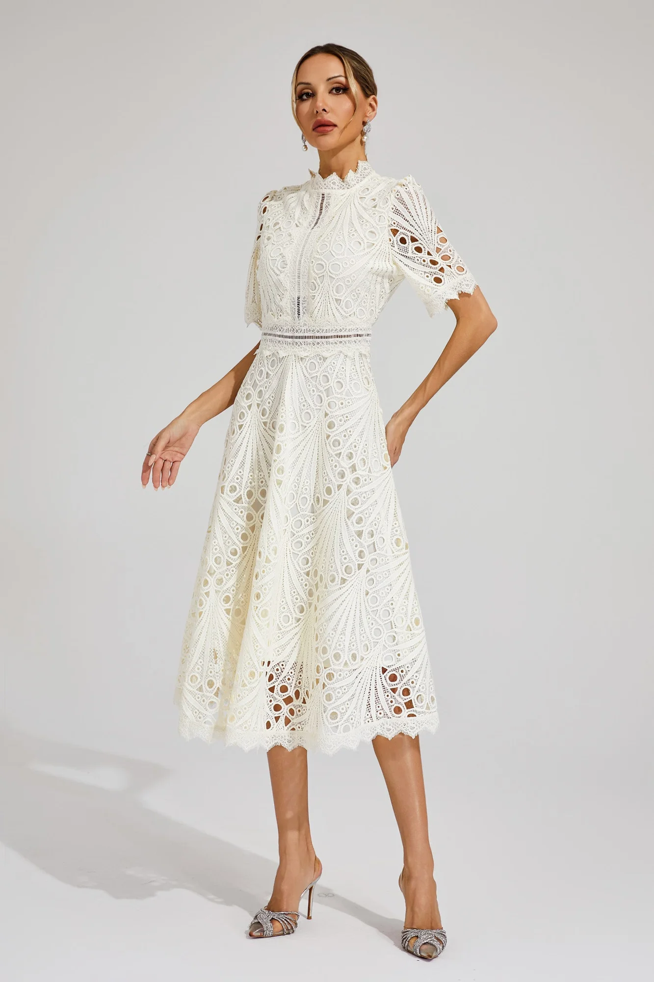 White Lace Cutout Midi Dress - Elegant French-Inspired Look