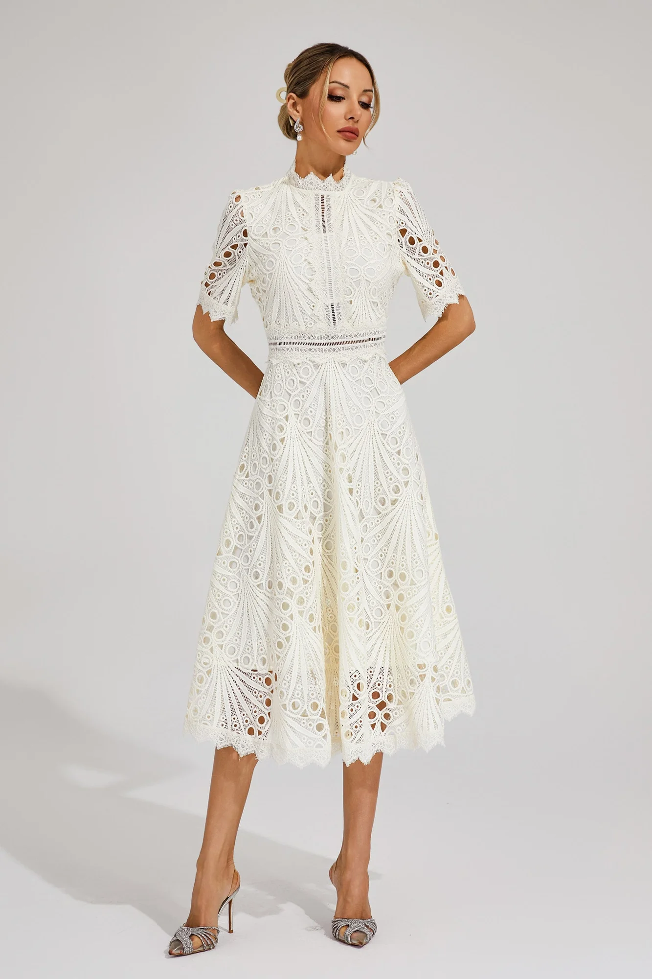 White Lace Cutout Midi Dress - Elegant French-Inspired Look