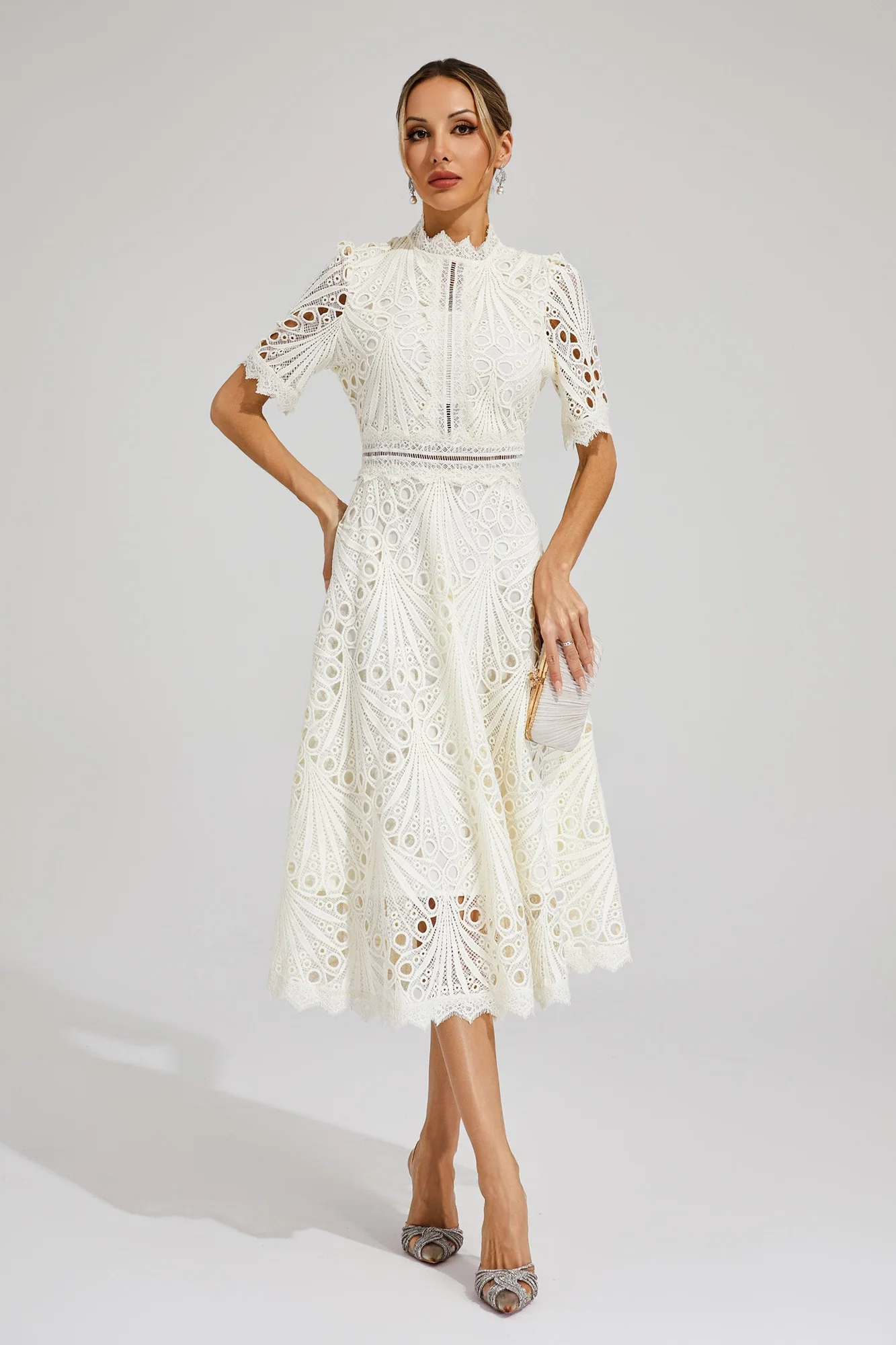 White Lace Cutout Midi Dress - Elegant French-Inspired Look
