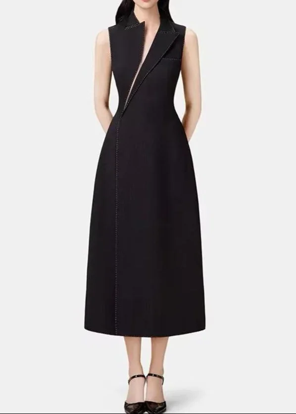 Black Asymmetric Collar Blazer Dress - Elegant Midi Style