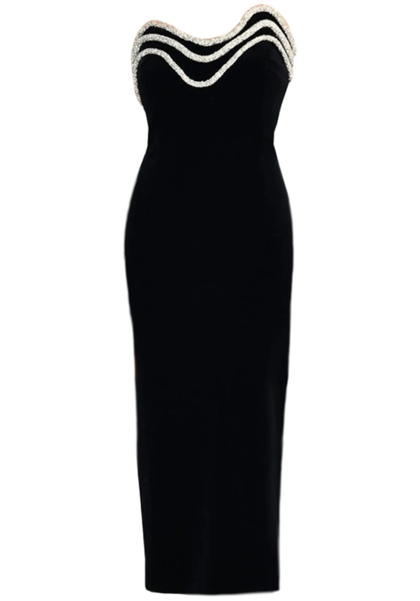 Black Crystal Embellished Strapless Midi Dress