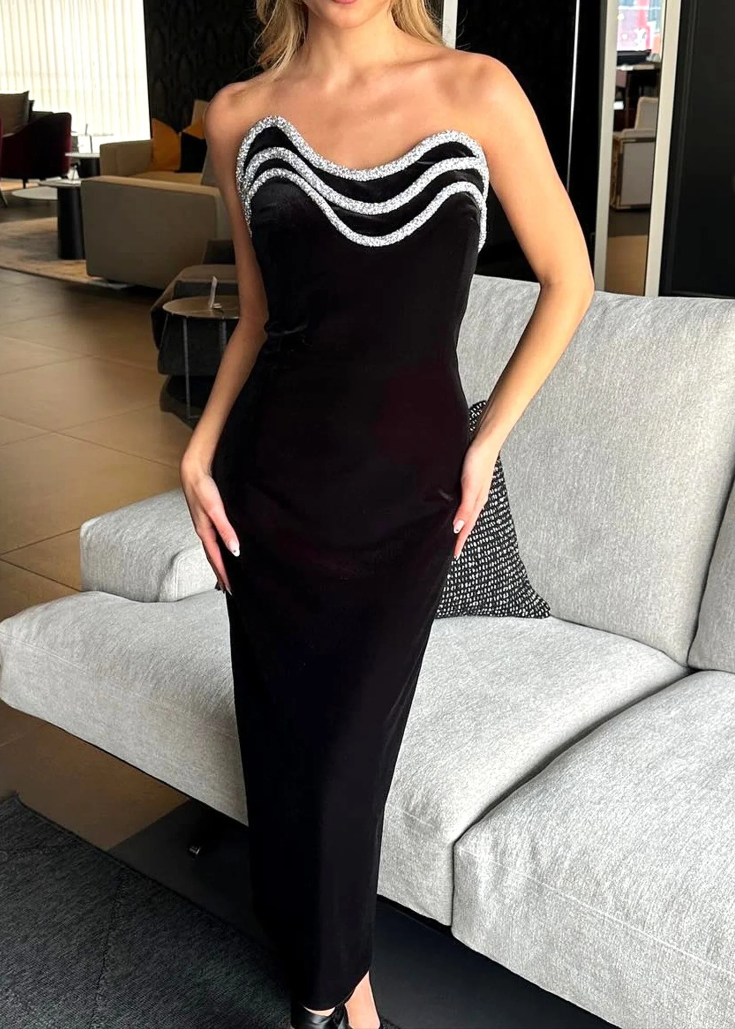 Black Crystal Embellished Strapless Midi Dress