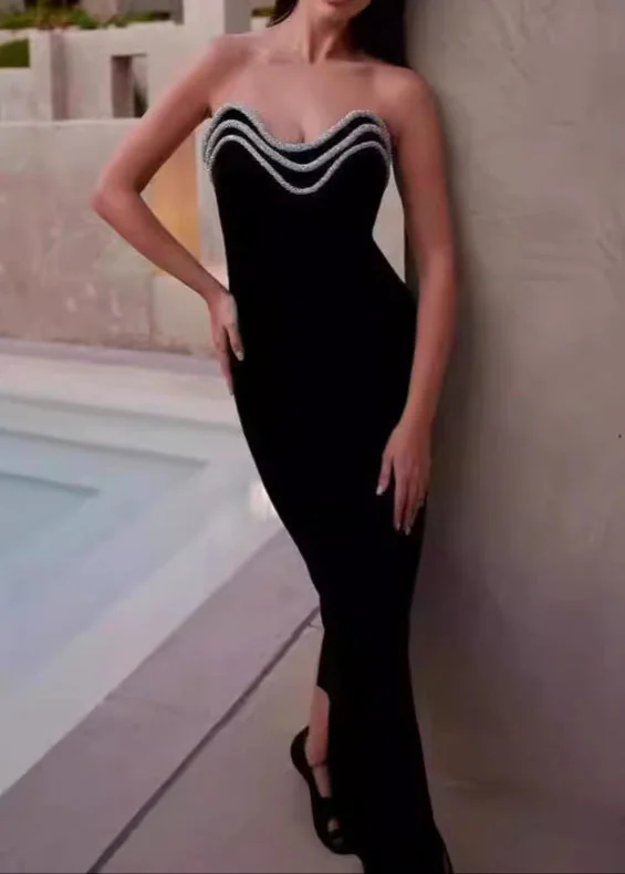 Black Crystal Embellished Strapless Midi Dress