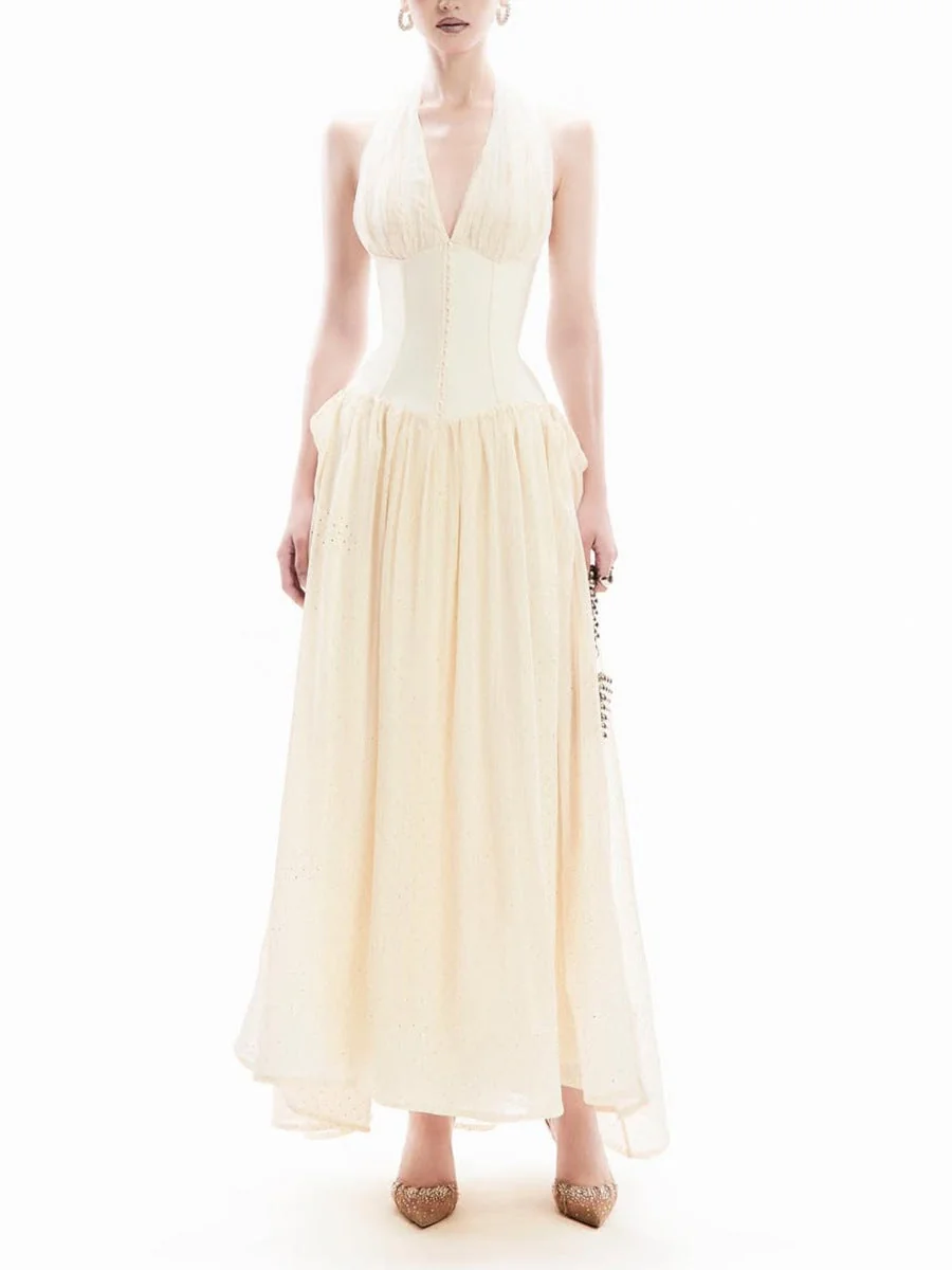 Apricot Halterneck Tulle Overlay Maxi Dress