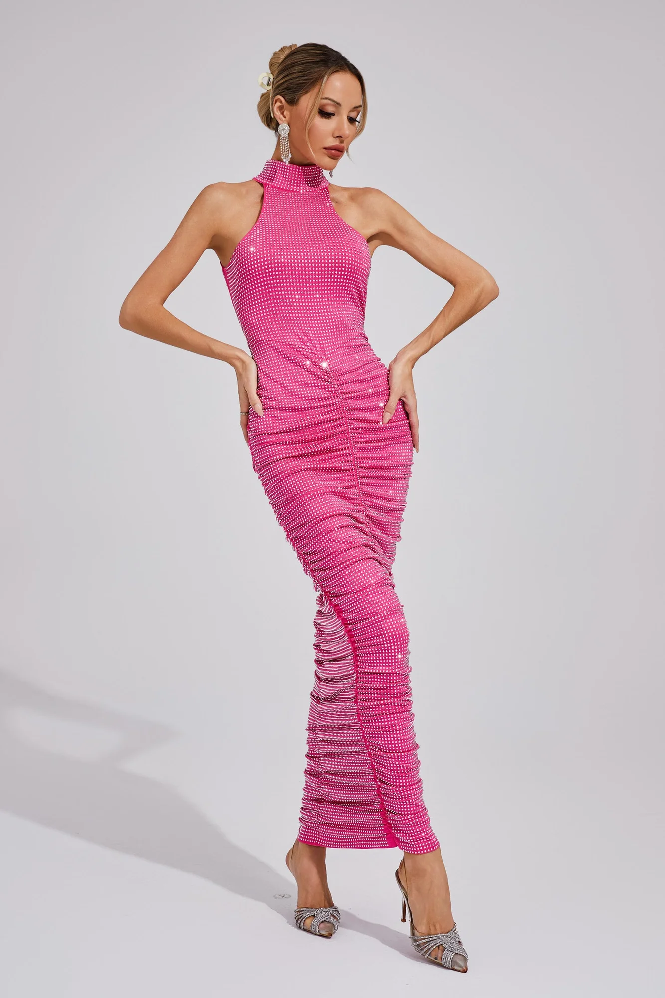 Rose Red Halter Neck Rhinestone Maxi Dress