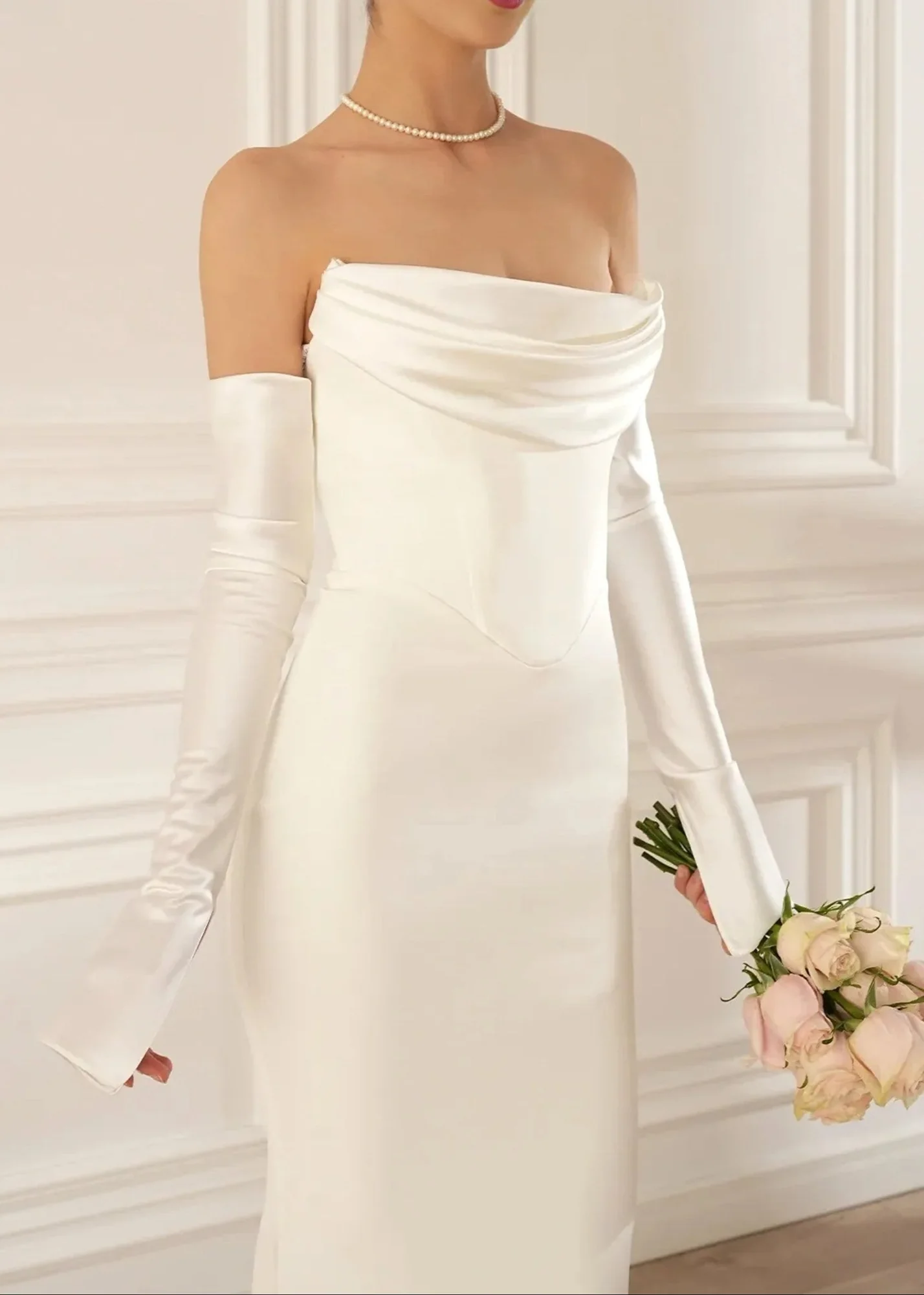 White Draped Long Sleeve Maxi Dress - Elegant Strapless Design