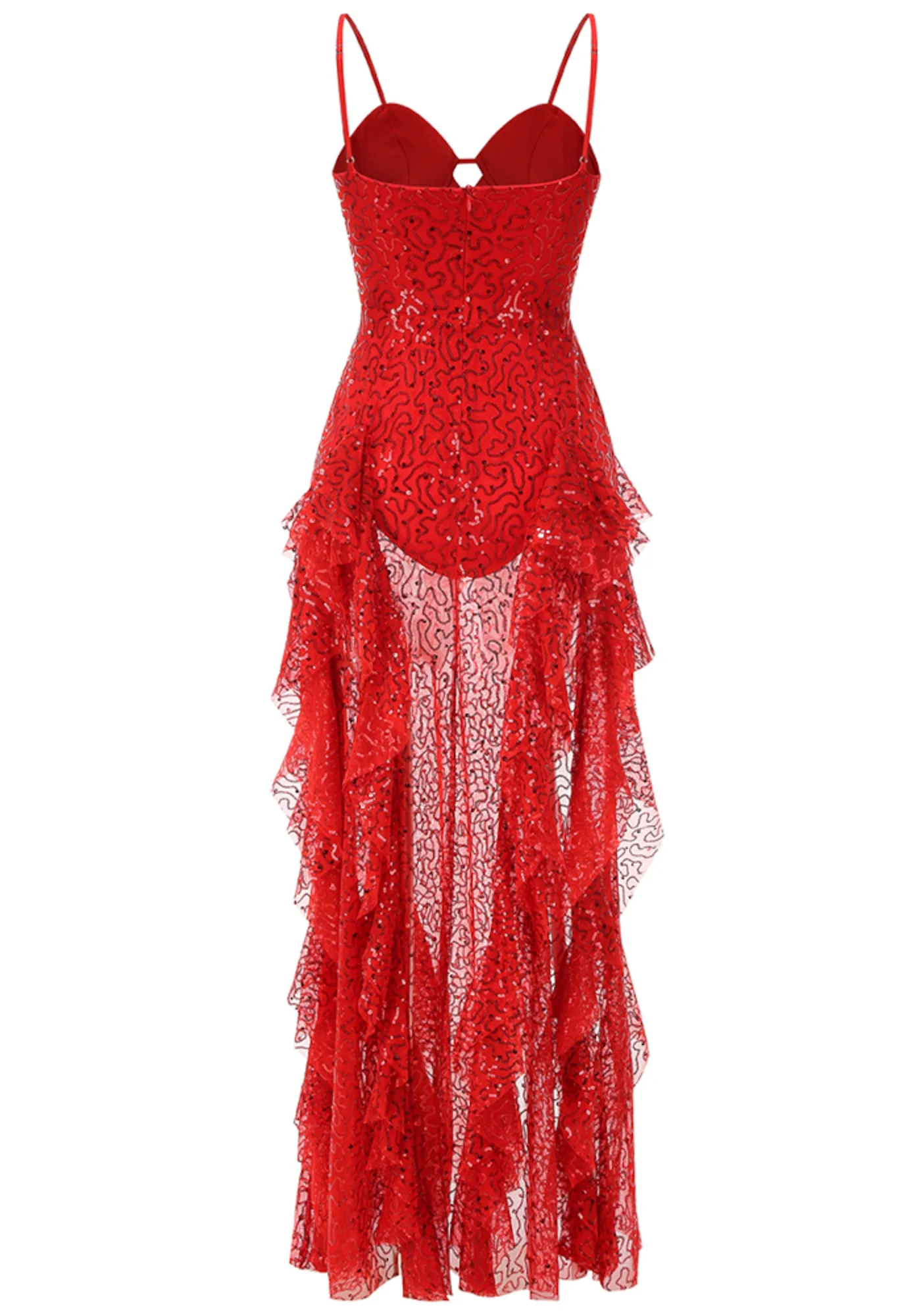 Red Sequin Ruffle Maxi Dress with Adjustable Straps