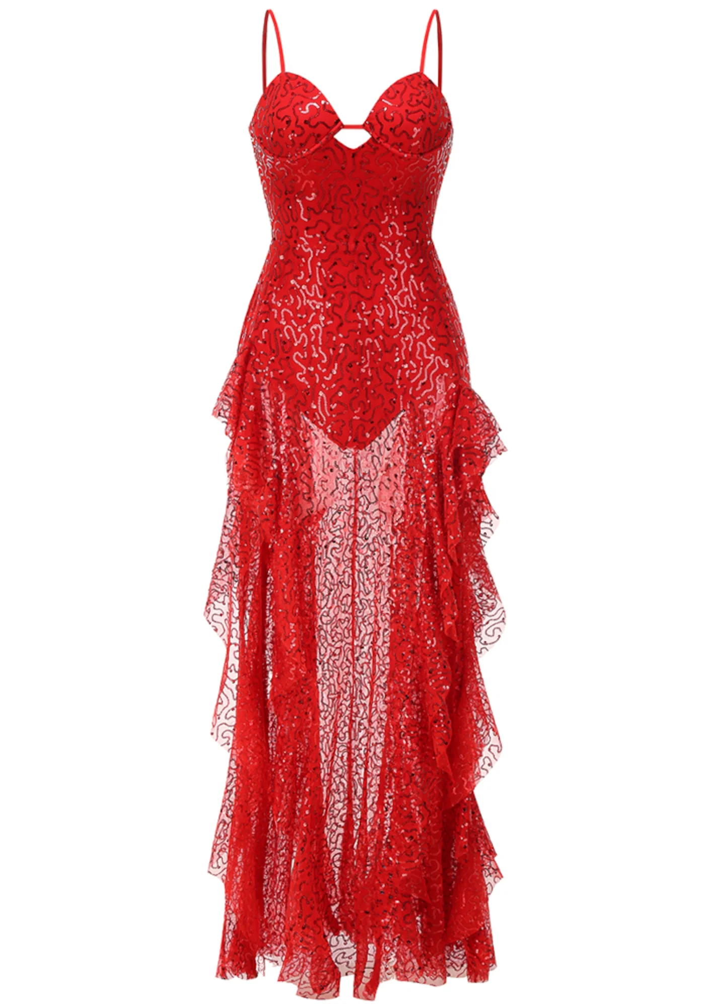 Red Sequin Ruffle Maxi Dress with Adjustable Straps