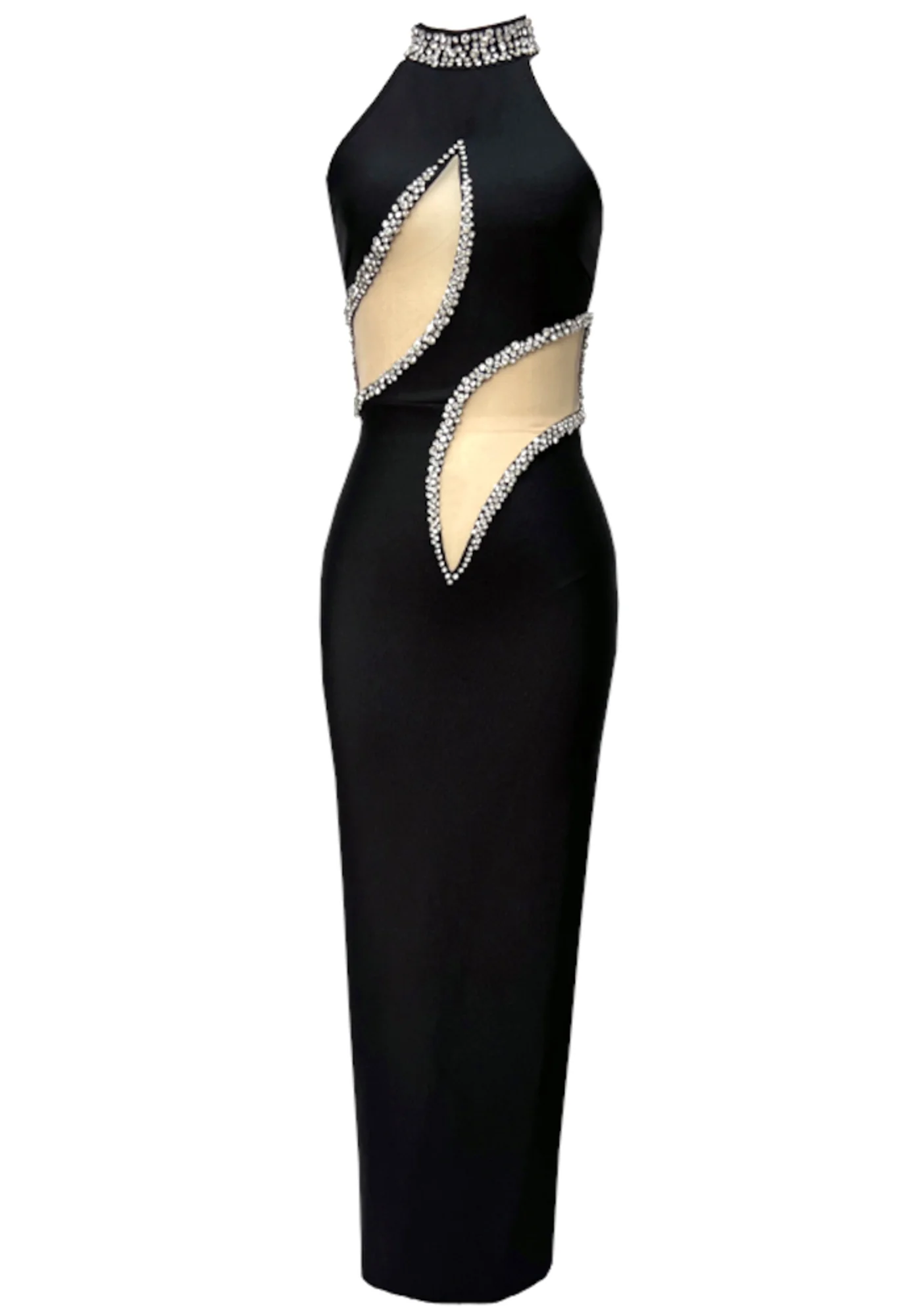 Black Halter Crystal Mesh Maxi Dress - Elegant Evening Gown