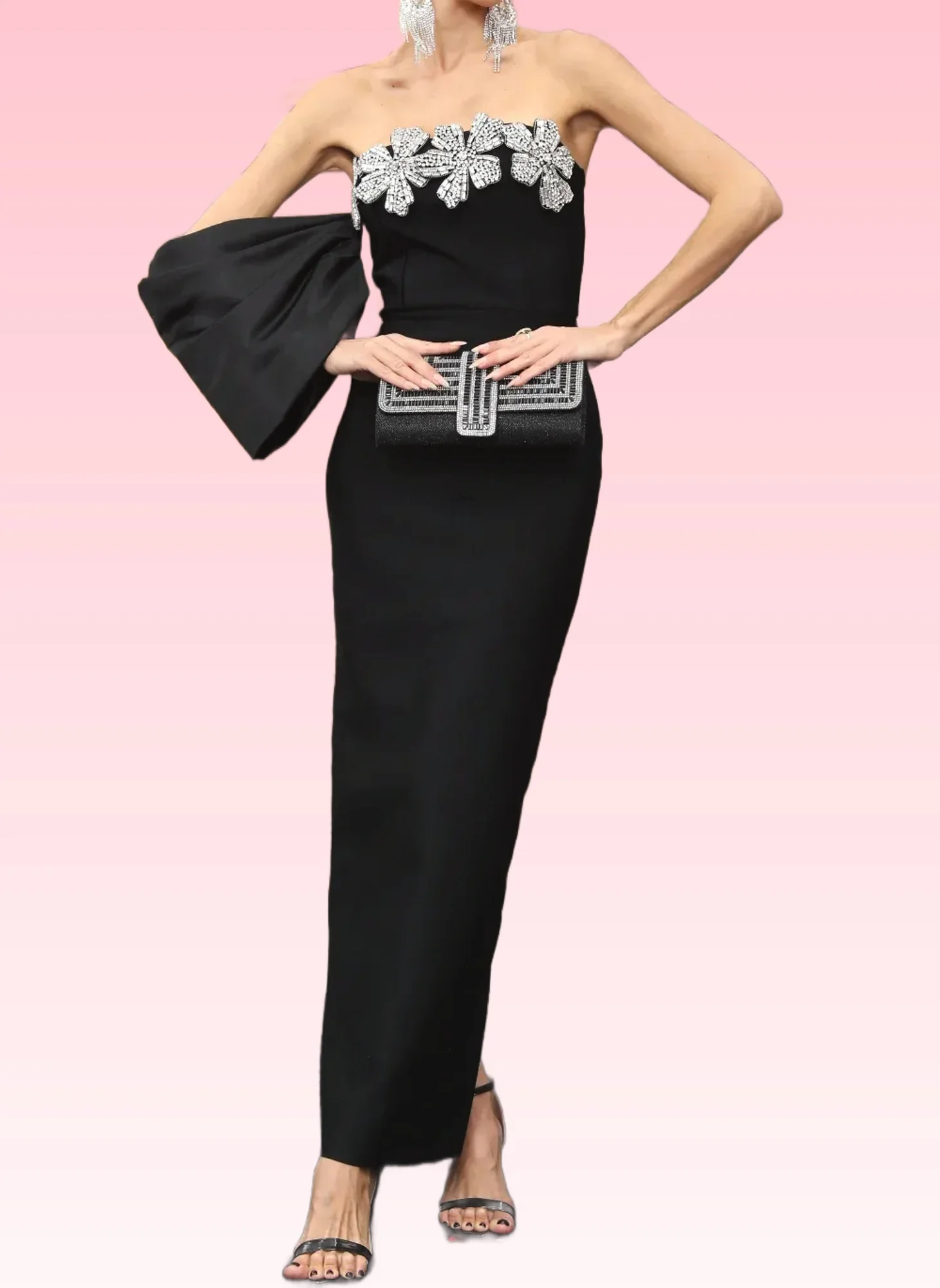 Black Bardot Crystal Floral Maxi Dress - Elegant Sleeveless Design