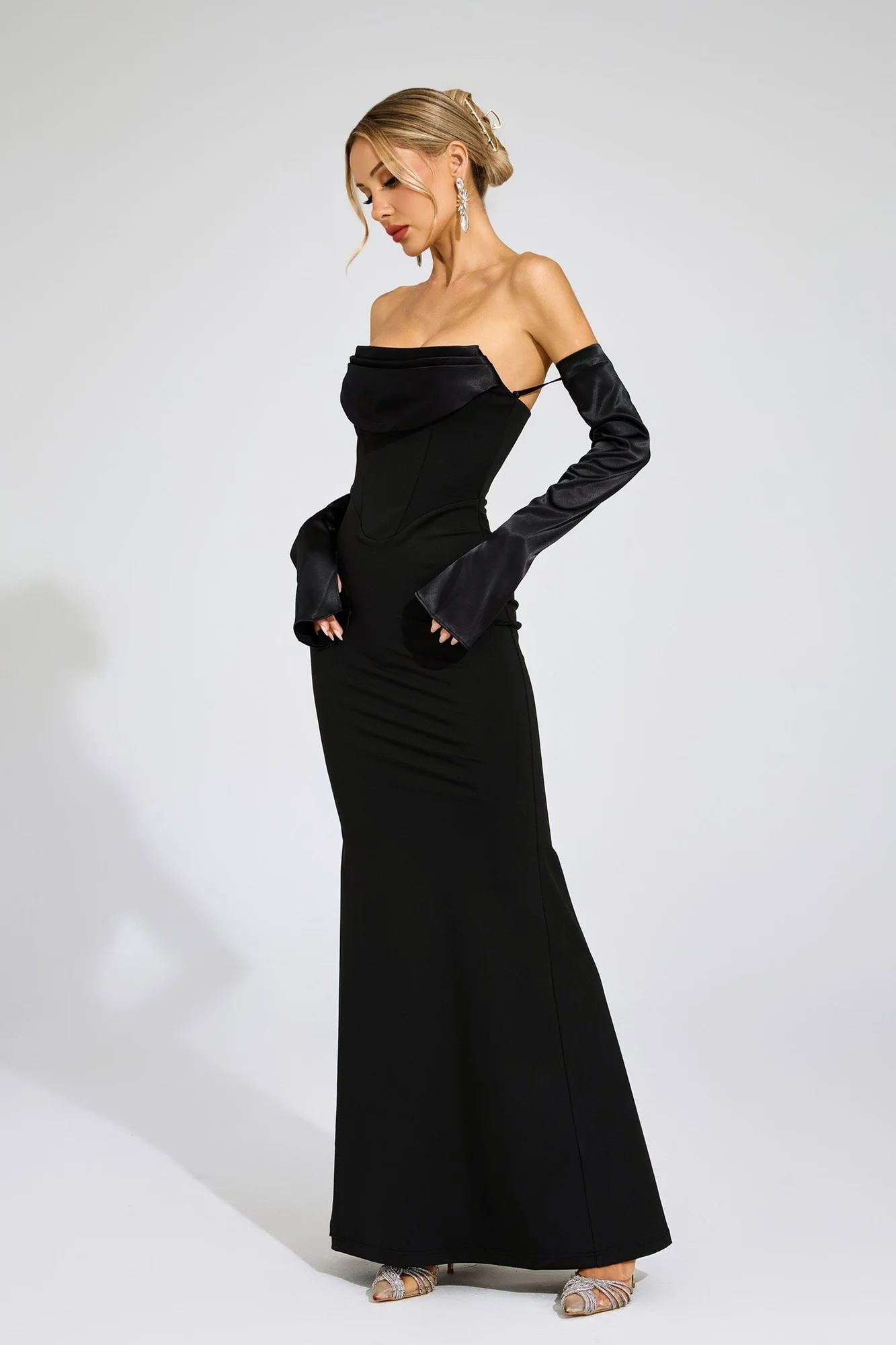 Black Strapless Draped Maxi Dress - Elegant Evening Wear