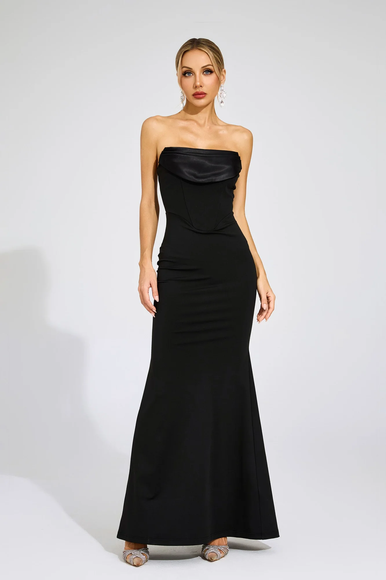 Black Strapless Draped Maxi Dress - Elegant Evening Wear