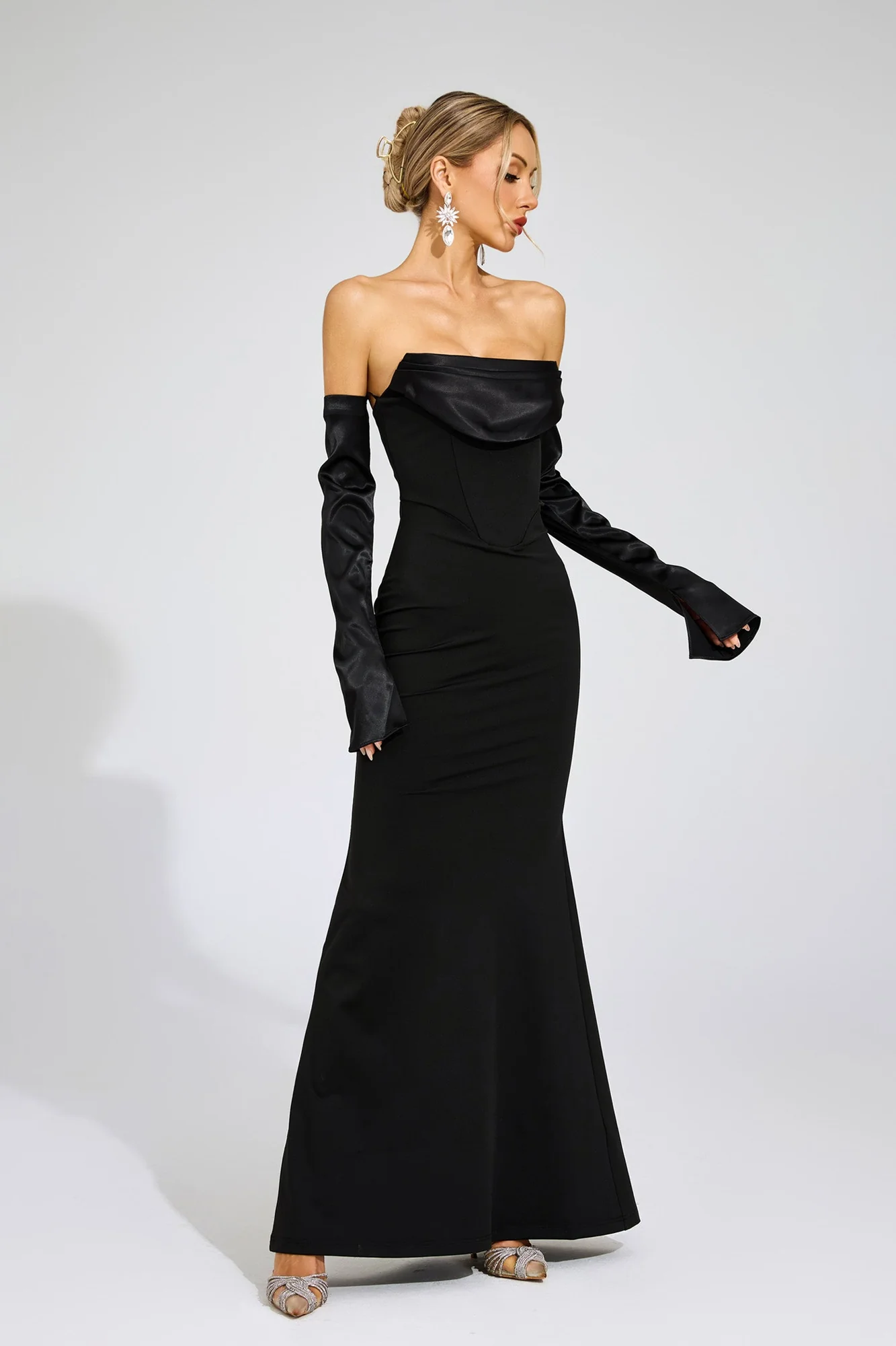 Black Strapless Draped Maxi Dress - Elegant Evening Wear