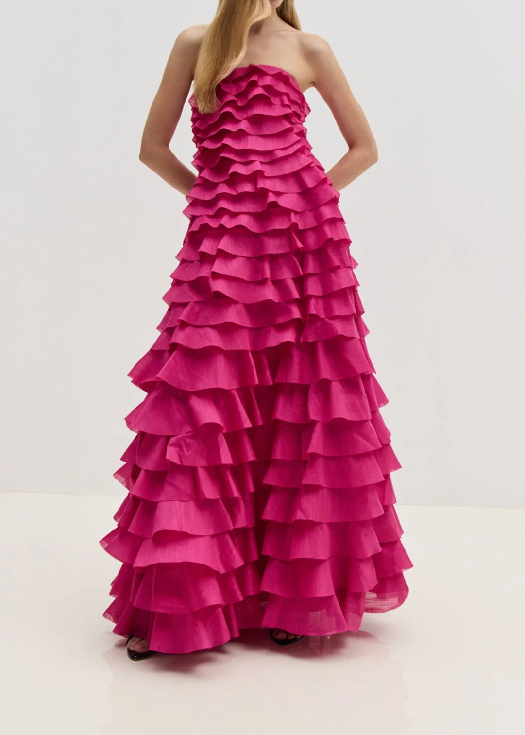 Pink Layered Maxi Dress with Strapless Design