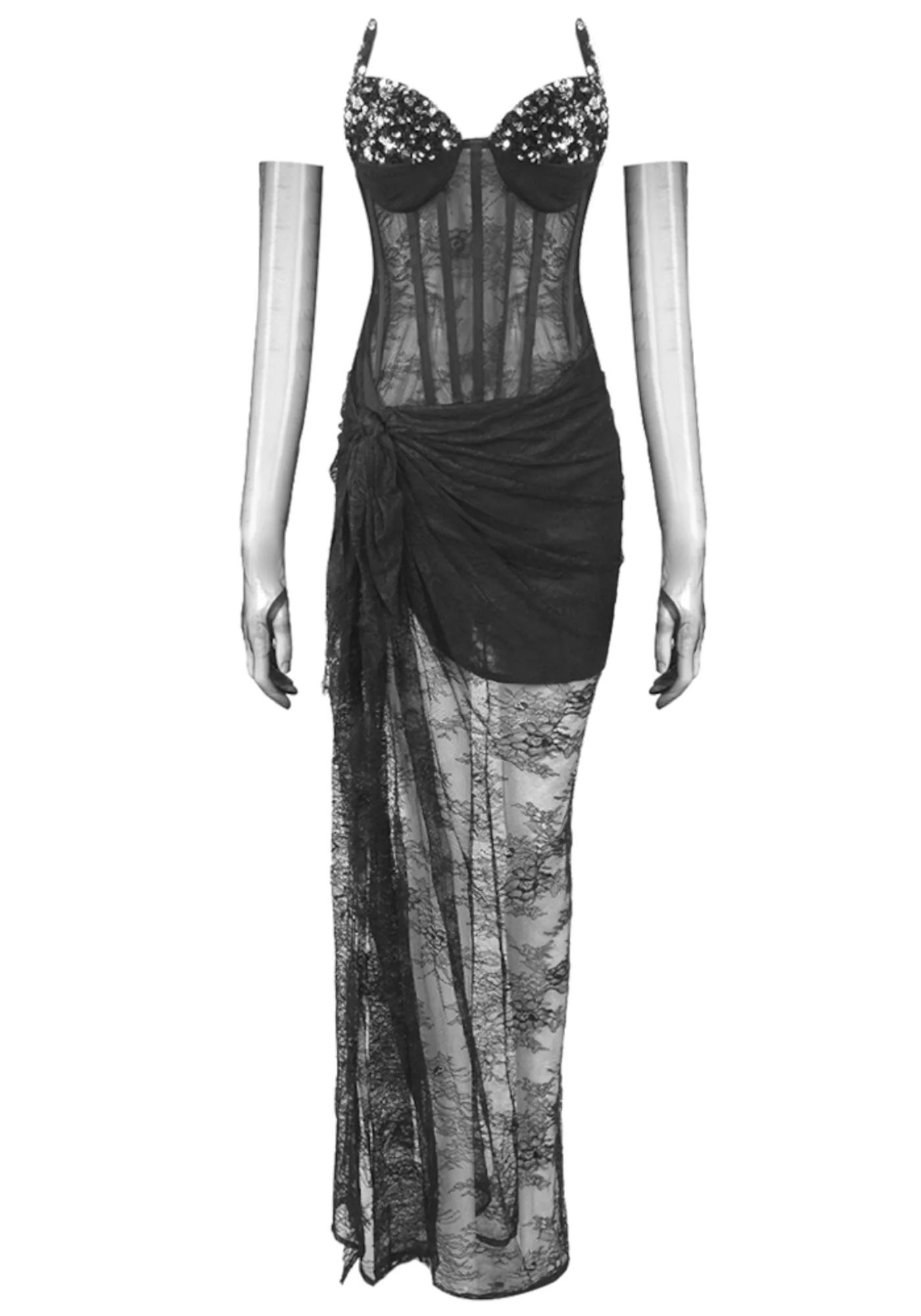 Black Sequin Lace Strapless Maxi Dress for Elegant Occasions