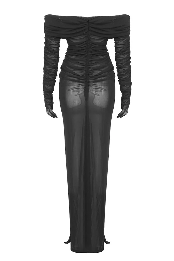 Black Mesh Maxi Dress with Long Sleeves and Bustier Detail