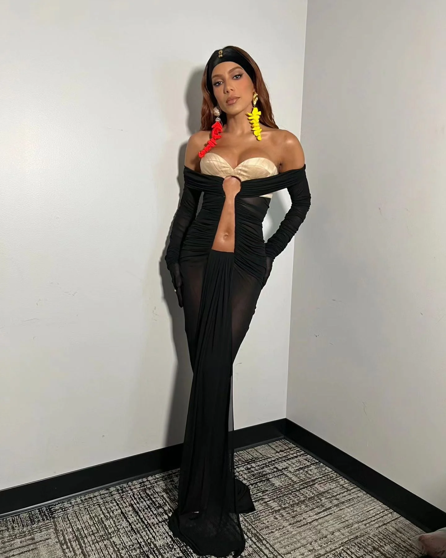 Black Mesh Maxi Dress with Long Sleeves and Bustier Detail