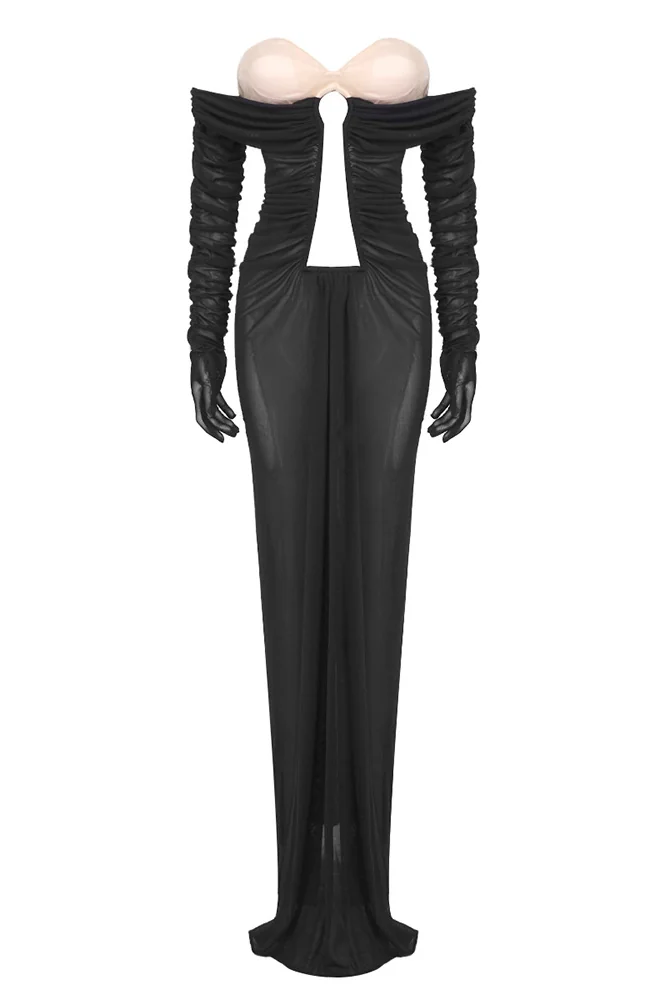 Black Mesh Maxi Dress with Long Sleeves and Bustier Detail