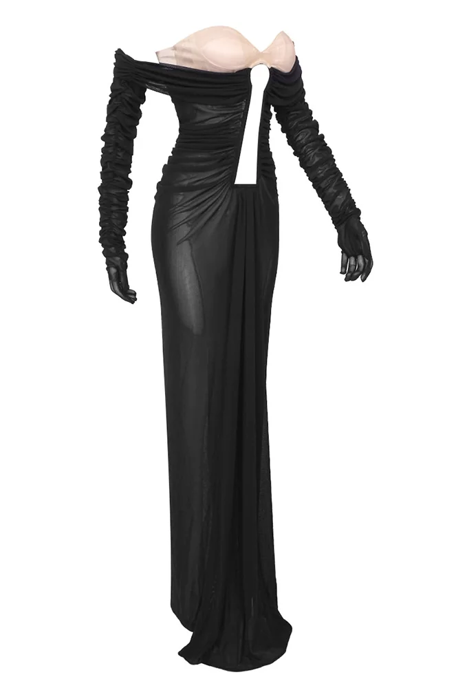 Black Mesh Maxi Dress with Long Sleeves and Bustier Detail