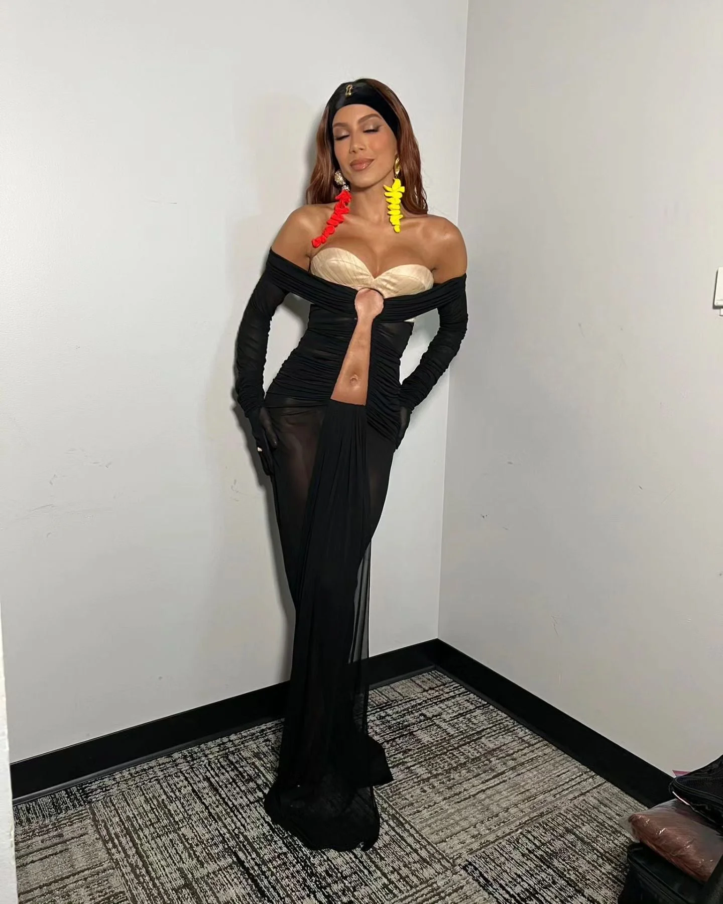 Black Mesh Maxi Dress with Long Sleeves and Bustier Detail