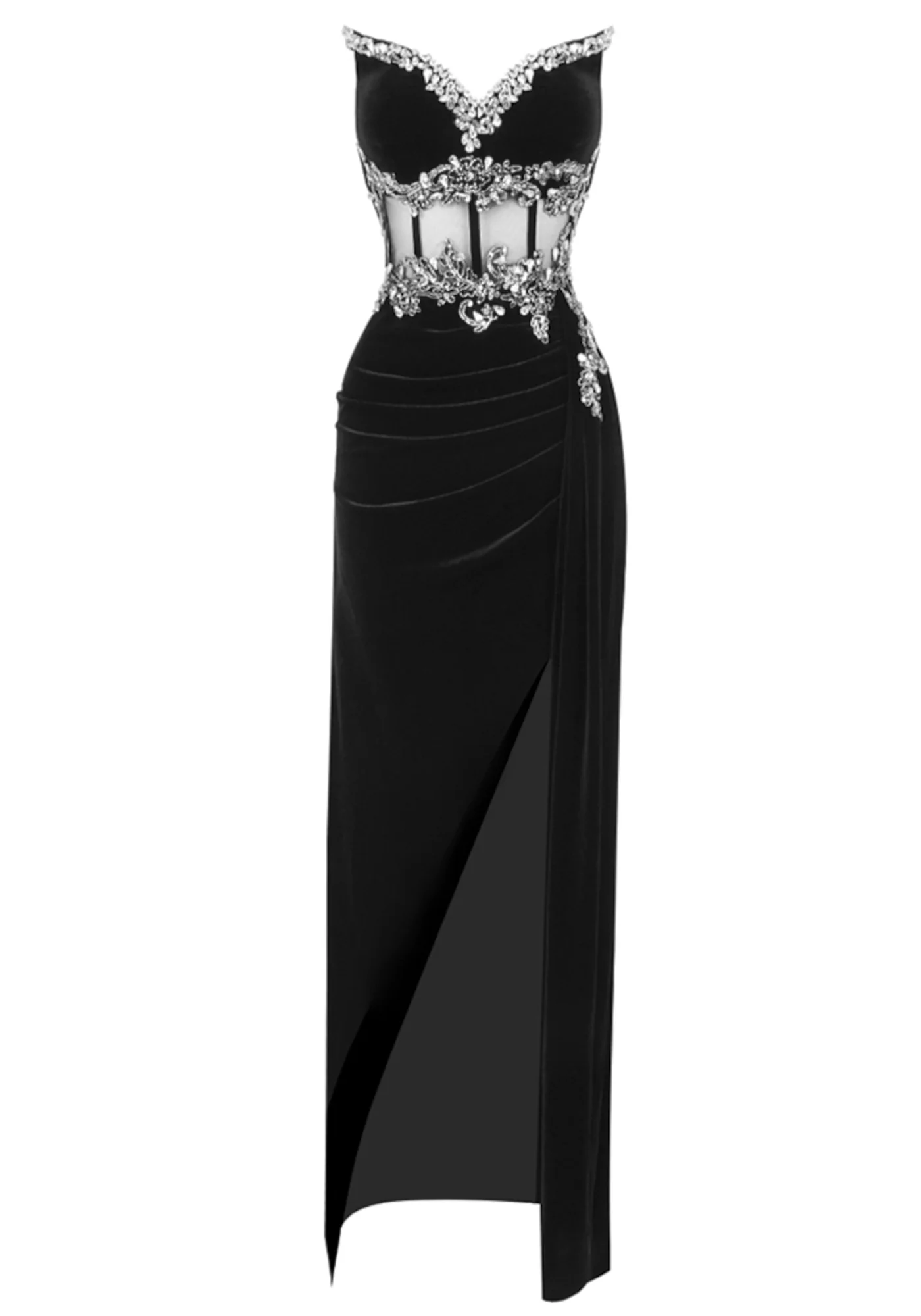 Black Velvet Floral Crystal Corset Maxi Dress