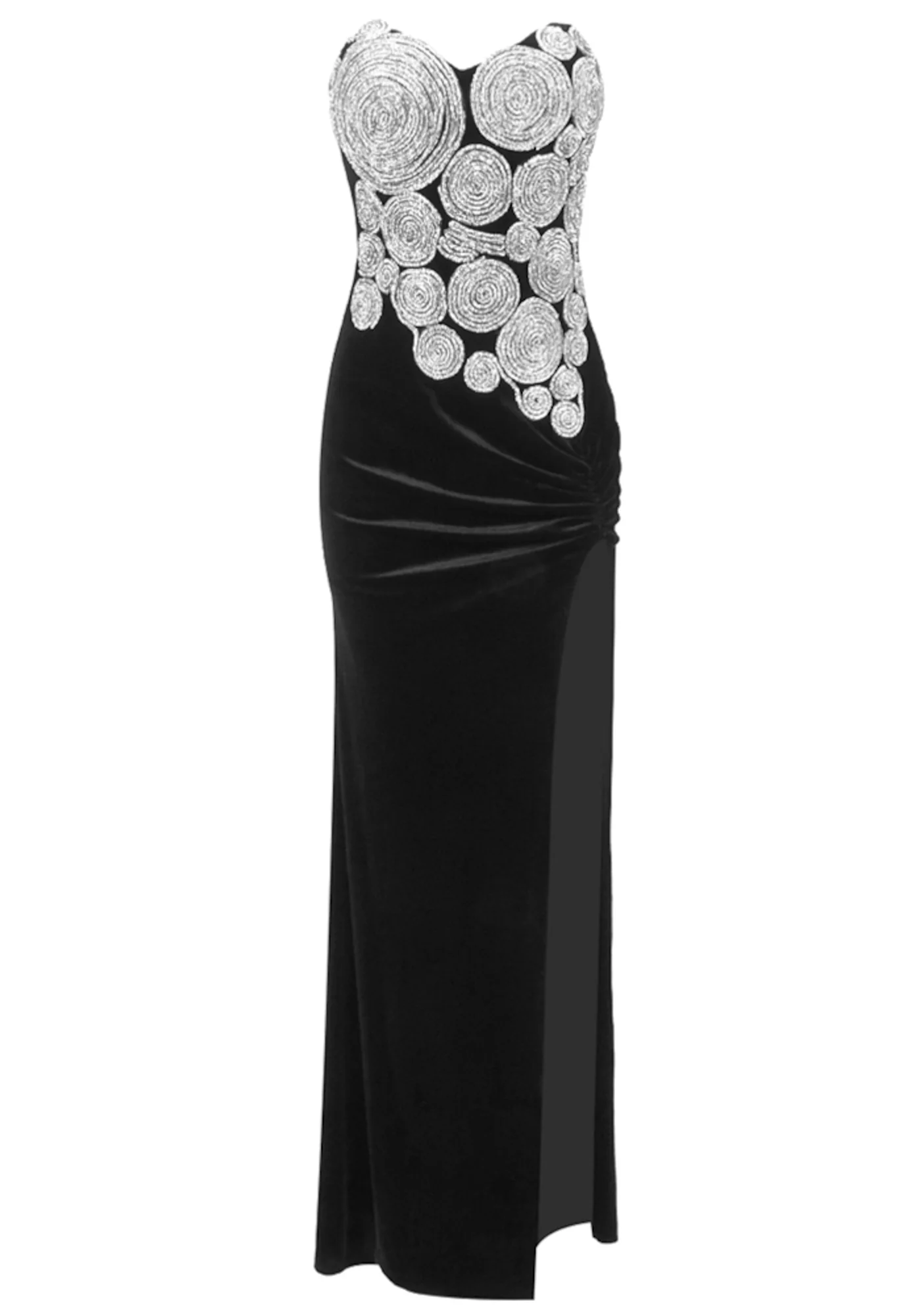 Black Velvet Spiral Maxi Dress with Strapless Design