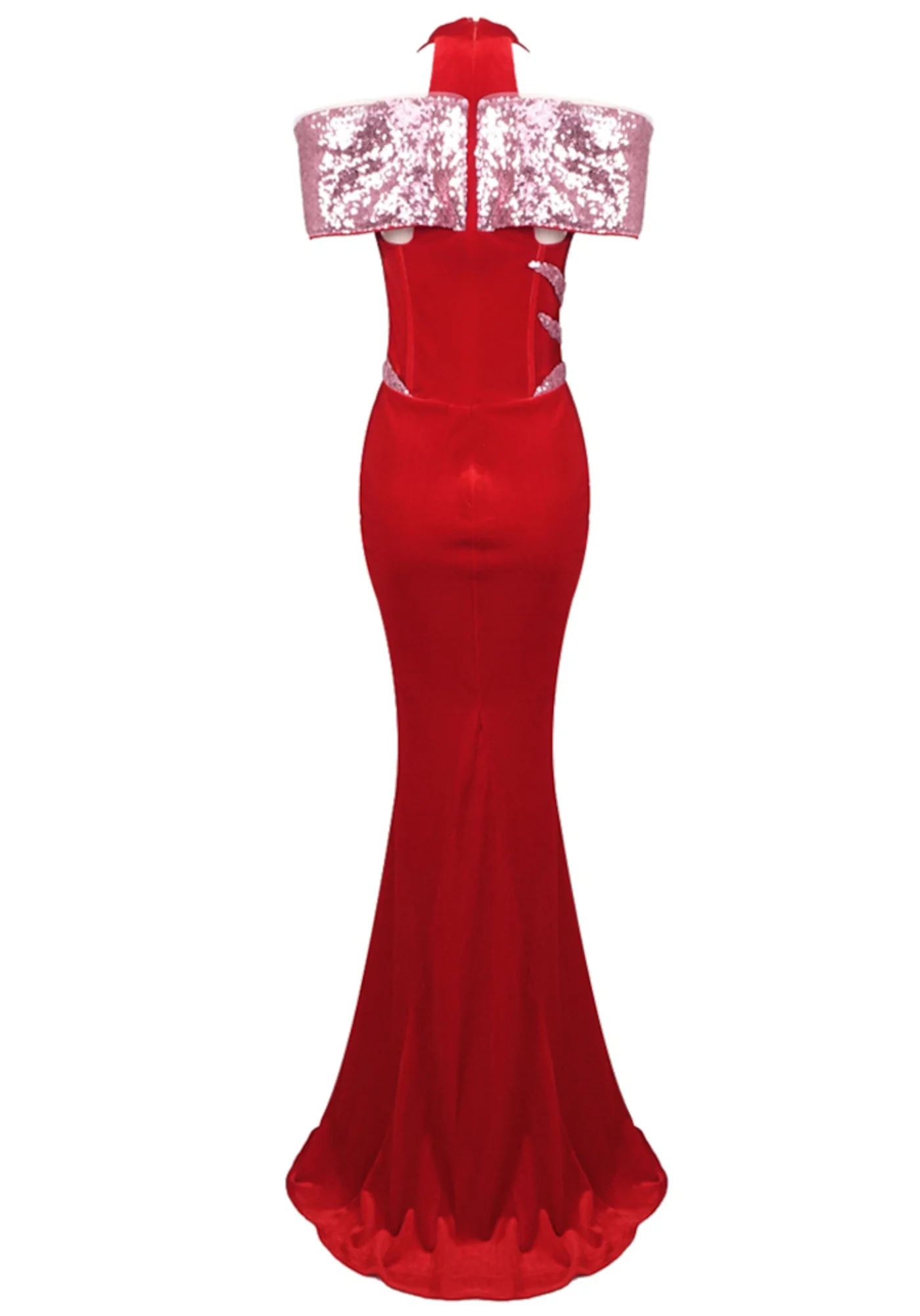 Red Sequin Halter Maxi Velvet Dress with Corset Detail