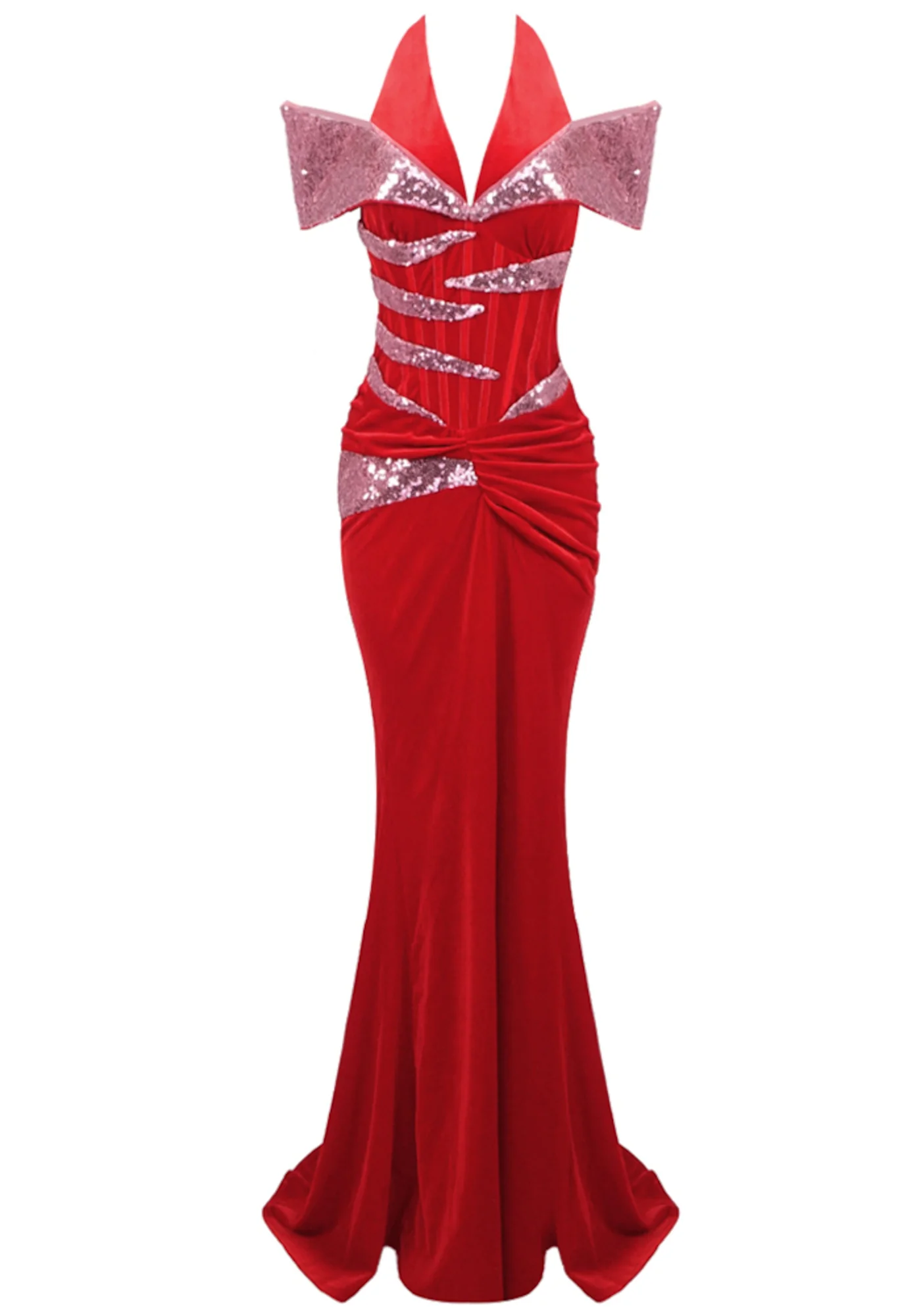 Red Sequin Halter Maxi Velvet Dress with Corset Detail