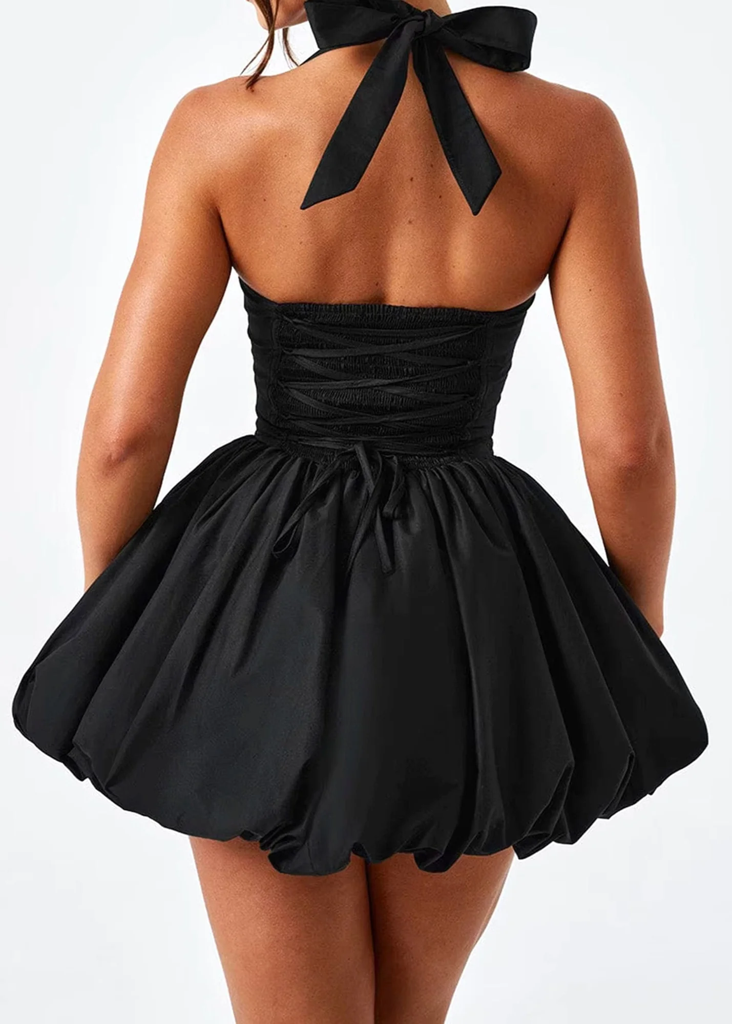 Black Halterneck Corset Puff Mini Dress Elegant Style