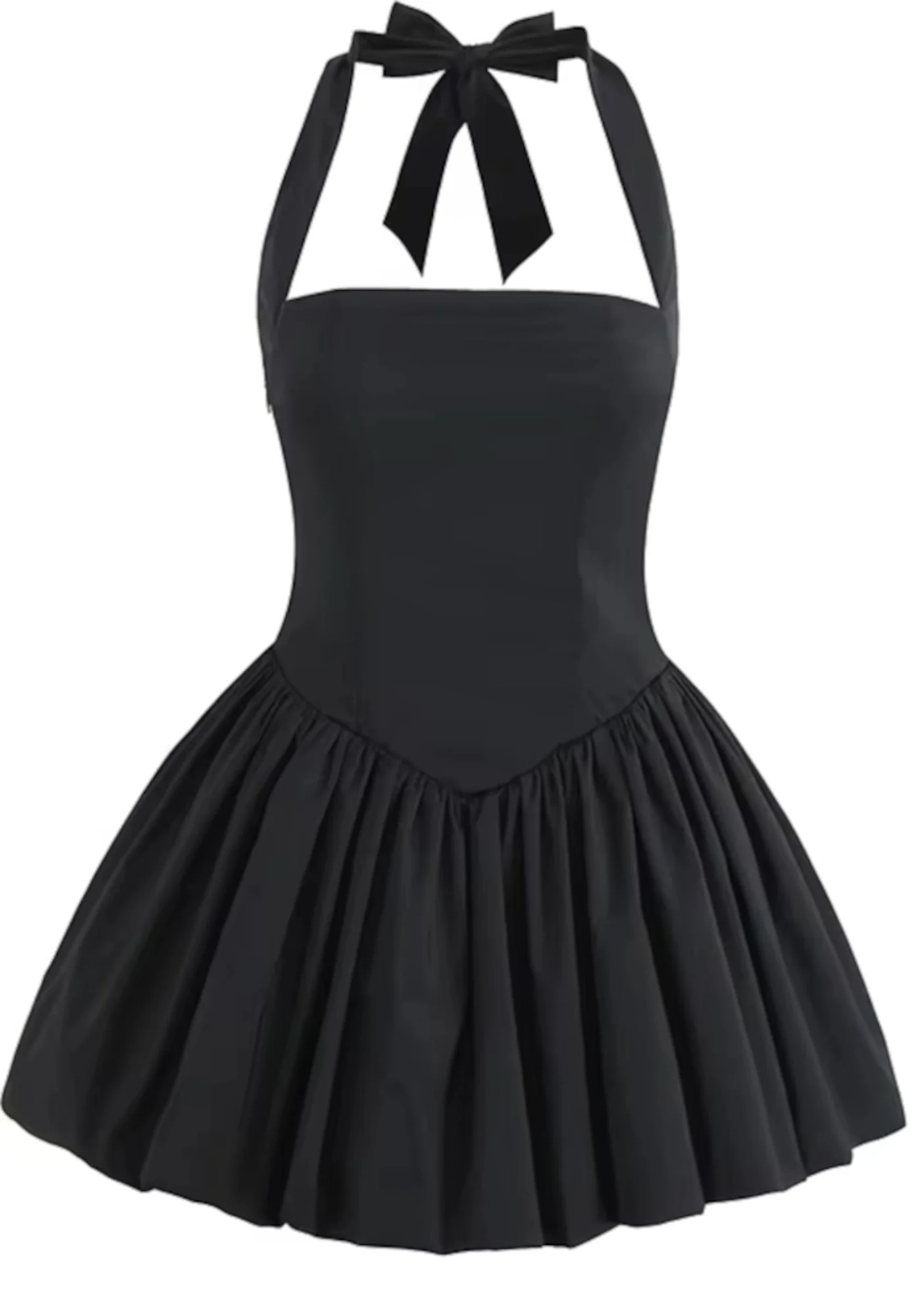 Black Halterneck Corset Puff Mini Dress Elegant Style