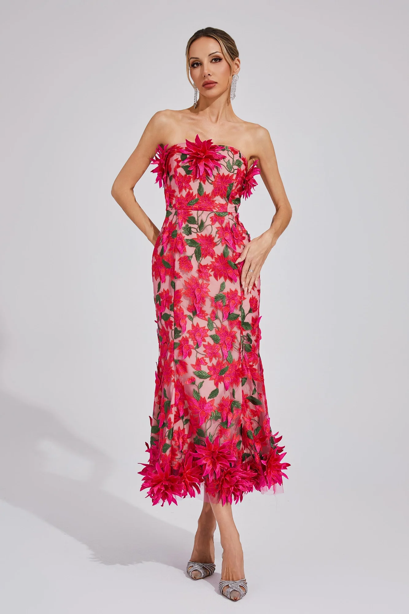 Elegant Rose Red Strapless Midi Dress with 3D Flower Embroidery