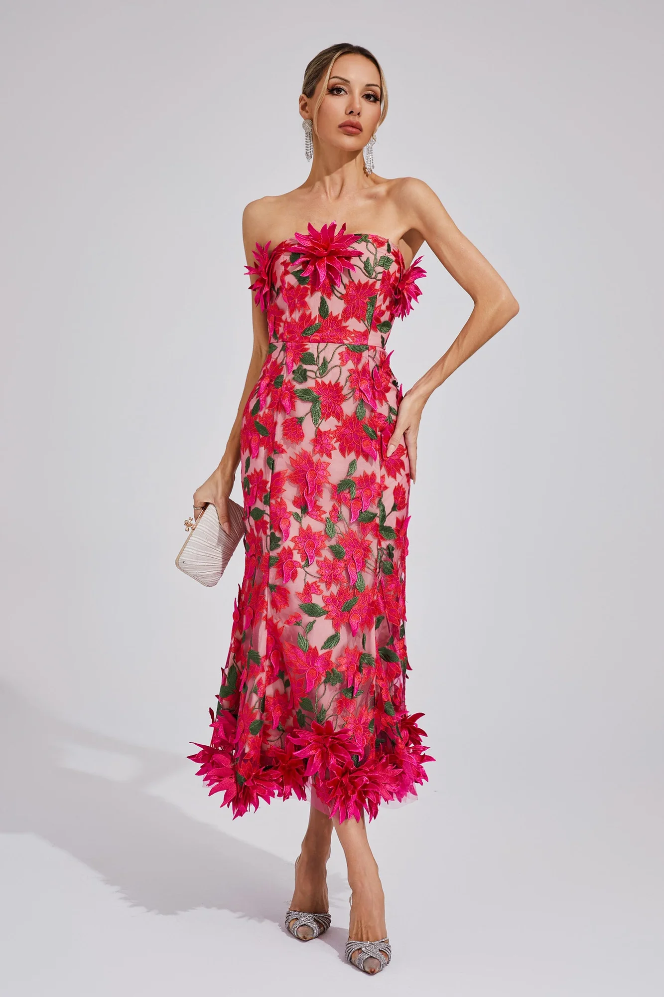 Elegant Rose Red Strapless Midi Dress with 3D Flower Embroidery